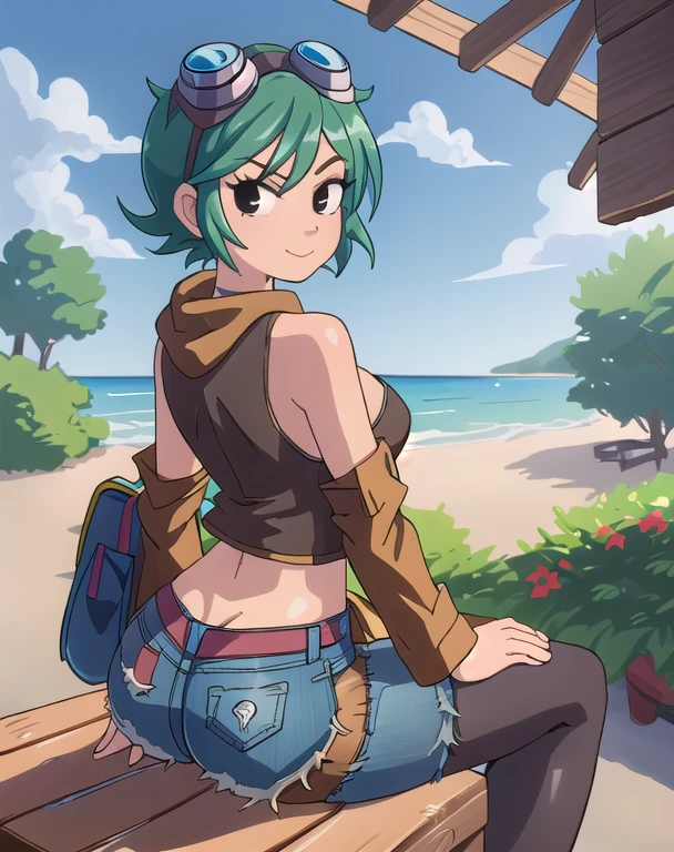 masterpiece, best quality, 1girl, solo, closed mouth, smile, looking at viewer, scottpilgrimvstheworld, Ramona Flowers. (Wearing: goggles, opened tan coat, black camisole, denim short-shorts, black pantyhose). Shot taken from behind, looking from behind, ass view. Outdoors, sitting on a bench
