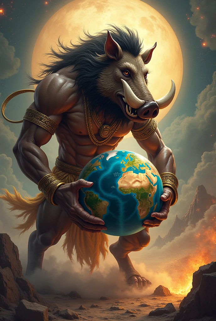 In cinematic realistic 3D cartoon style."Varaha Avatar: Vishnu as a boar lifting the Earth from the demon Hiranyaksha."
