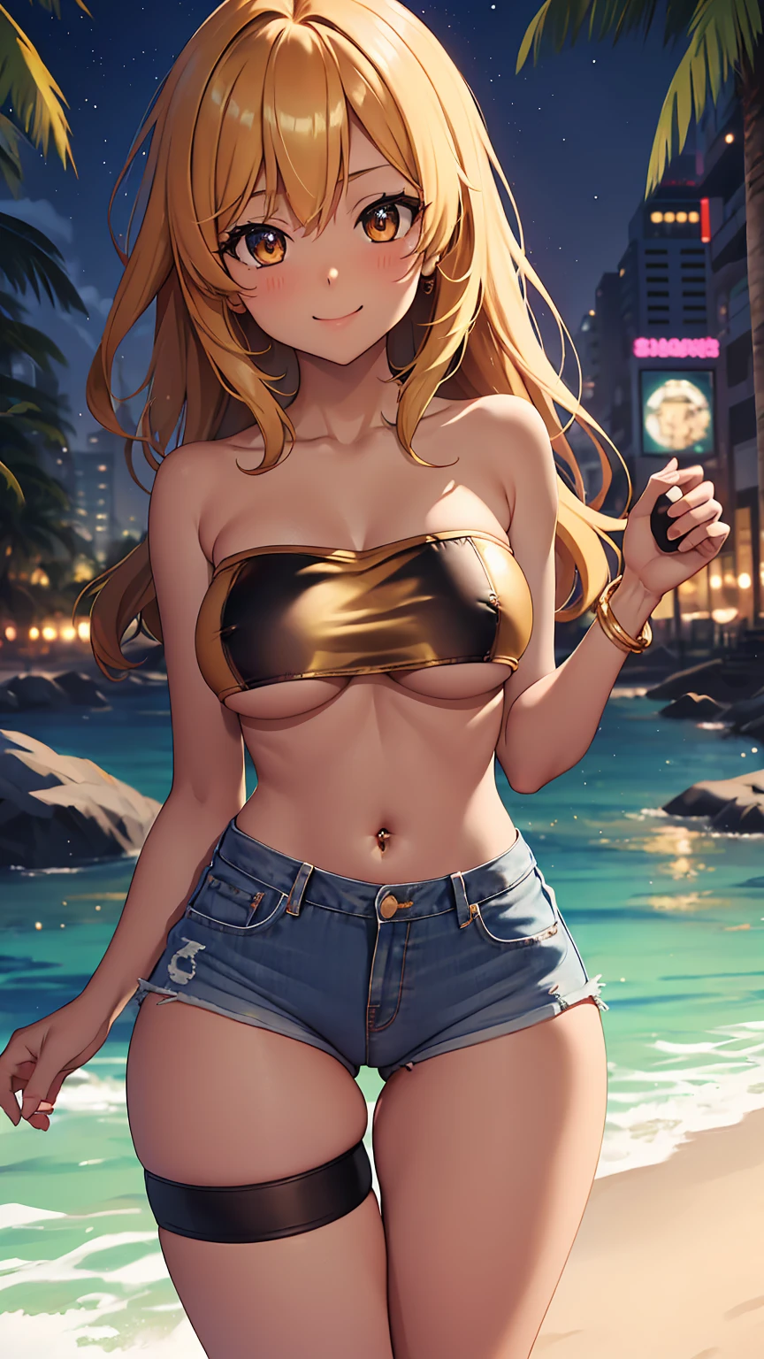 1girl, anime girl, anime, (dark skin), 2d girl, 16y, (fullbody), standing, anime girl, golden eyes, seductive smile, (golden hair), (((mini tube top,strapless,black))) exposed navel, (((underboob view))), Solo, Slim, large breasts, big Breasts, Tight Shorts, (nopanties, no panties, no_pan, no pan, nopan), low waist shorts, upshorts, The night beach background, city lights, looking at viewer, darker shadows, (((shorts))), (((sexy))), (((absurdres))), (((thigh gap))), cameltoe, (((cameltoe))), (((lowleg shorts)))