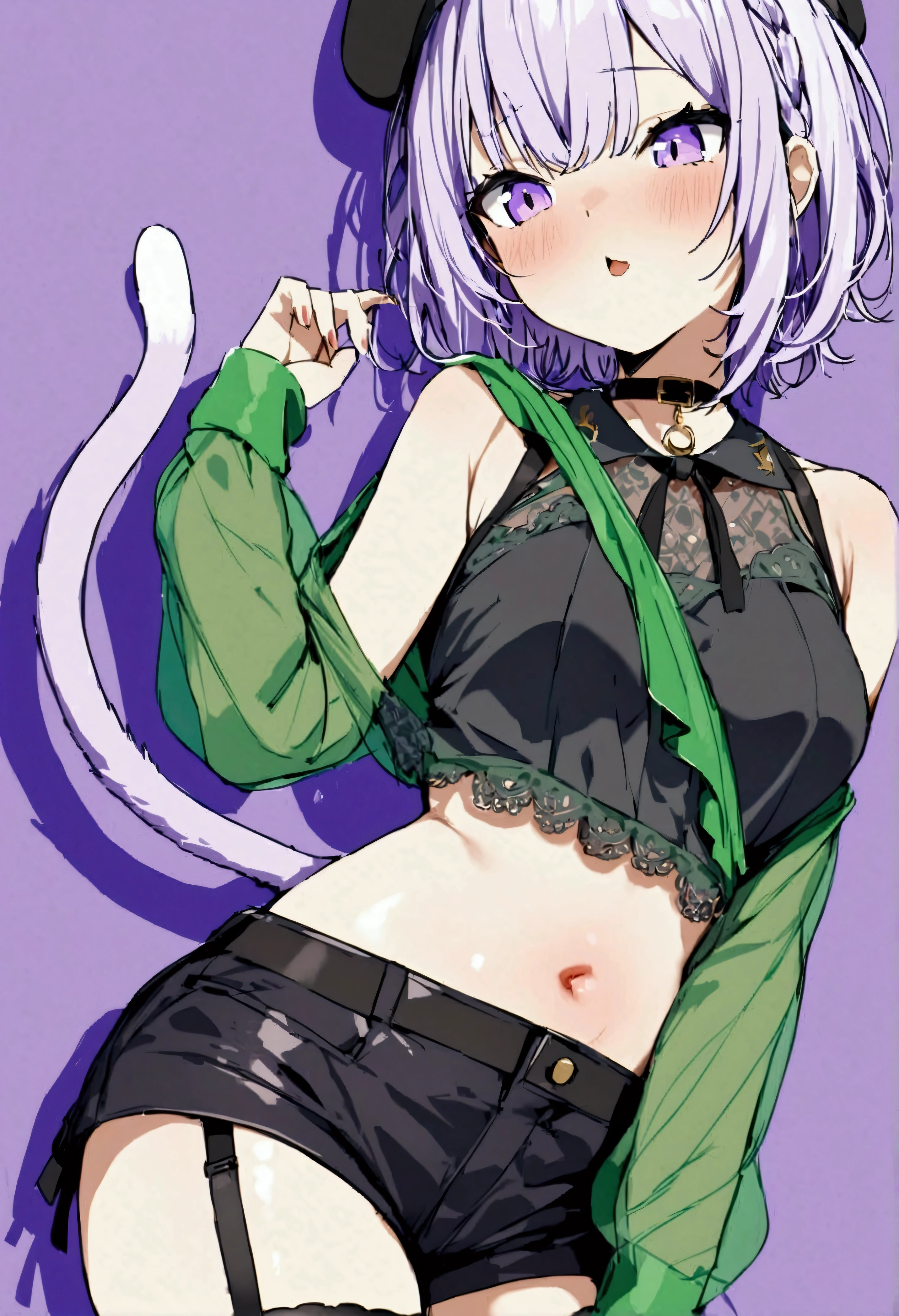 NSFW,masterpiece,Highest quality,High resolution,Very detailed,Cat porridge\(Hololive\),Purple Hair,Short Hair,Cat ear,tail,Purple Eyes,Black collar、beret、黒のShorts、Crop top、Sleeveless、skirt、See-through、Shoulder Bare、Long sleeve、Purple-green shirt、Garter Straps、Hat Flower、Shorts、Multi-colored clothing