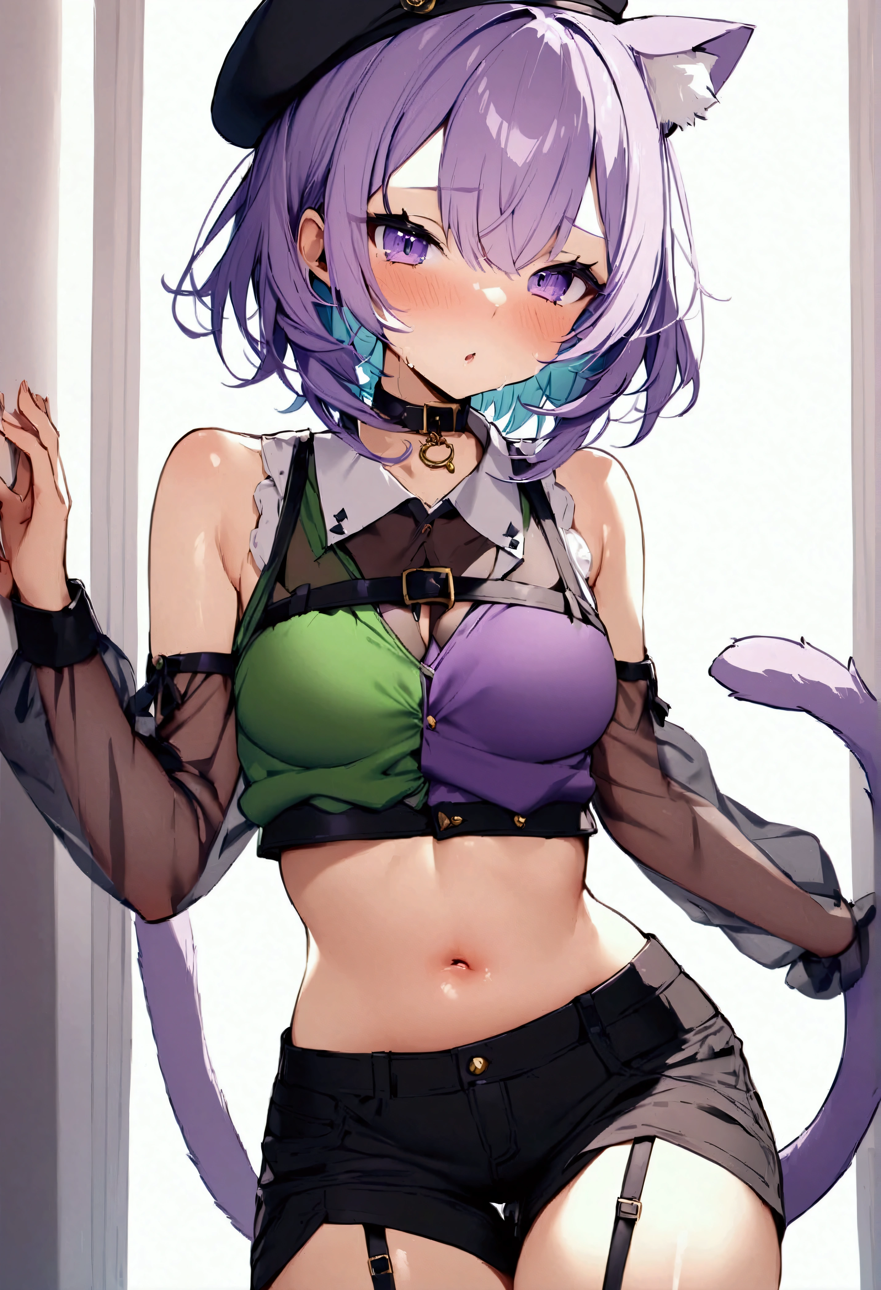 NSFW,masterpiece,Highest quality,High resolution,Very detailed,Cat porridge\(Hololive\),Purple Hair,Short Hair,Cat ear,tail,Purple Eyes,Black collar、beret、黒のShorts、Crop top、Sleeveless、skirt、See-through、Shoulder Bare、Long sleeve、Purple-green shirt、Garter Straps、Hat Flower、Shorts、Multi-colored clothing