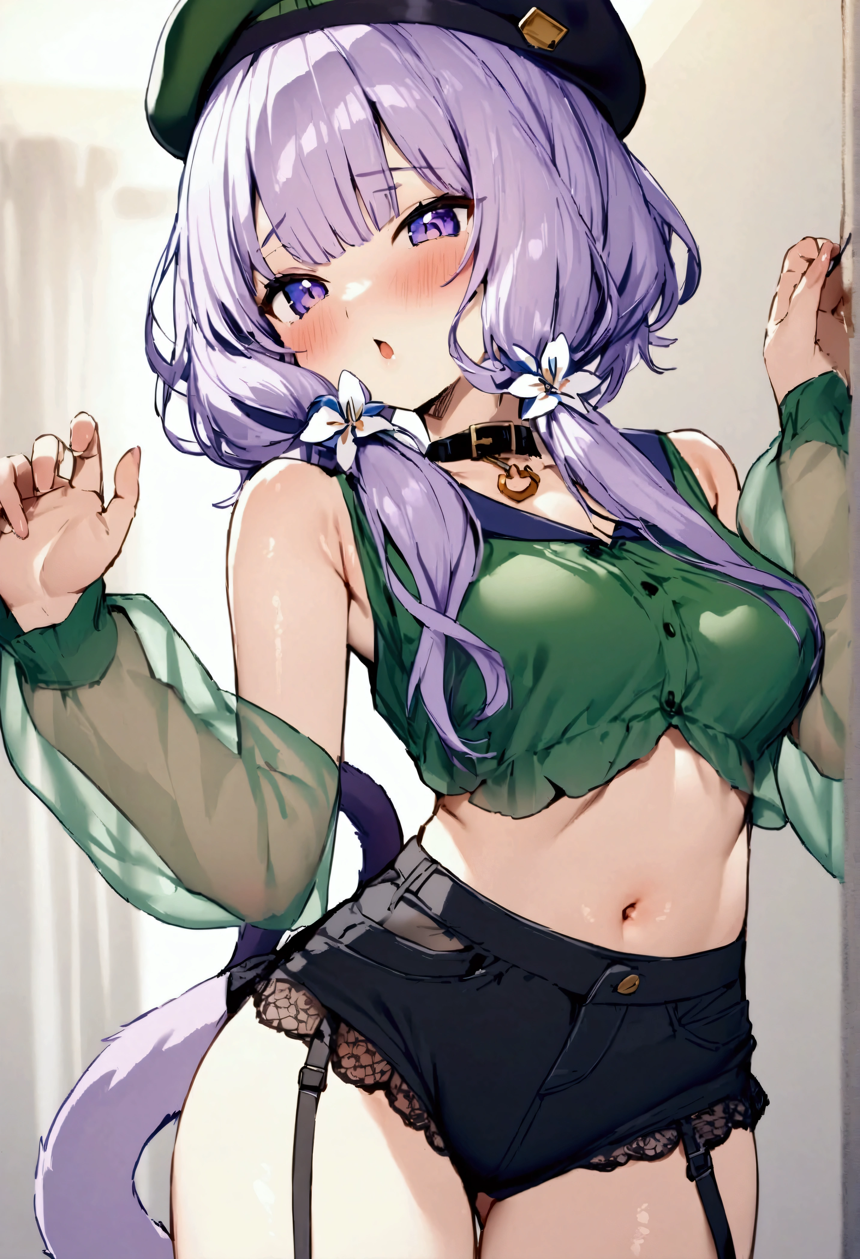 NSFW,masterpiece,Highest quality,High resolution,Very detailed,Cat porridge\(Ho****ve\),Purple Hair,Short Hair,Cat ear,tail,Purple Eyes,Black collar、beret、黒のShorts、Crop top、Sleeveless、skirt、See-through、Shoulder Bare、Long sleeve、Purple-green shirt、Garter Straps、Hat Flower、Shorts、Multi-colored clothing