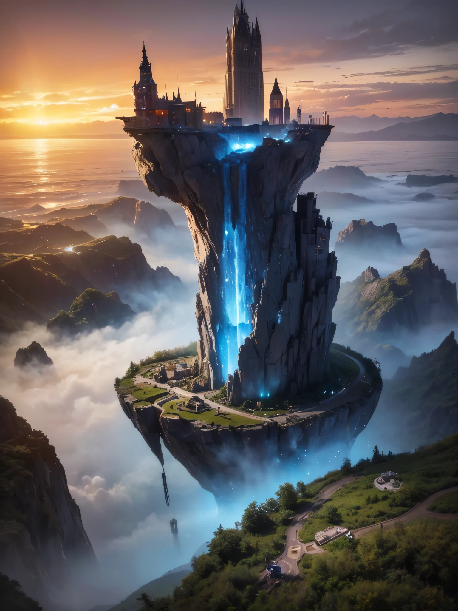 (8k, highest quality, masterpiece, final fantasy style: 1.2), (unRealistic, photoRealistic: 1.37), Dreamy landscape, Fantasy, Unsurreal landscapes, Super detailed, Flying Castle, Floating Island in the Sky, Seven-colored swirl of light, Intense lightning, milky way, Complex Light, Colored light, Large Lake, Starry sky reflected on the lake surface, Countless shining stars, Meteors,  Reflections , (A pillar of light emanated from the ground:1,2), roses and orchids gardens , sunset, pink clouds, waterfalls in the sky, realistic style, Hyperrealism drawing, a flying pirate spaceship floating at the clouds level, burning skyscrapers, cyborgs, timeless realms, stunning  princess  ,  casting spell, healing light magic effect, in a magical lagoon of the fairyland, crystal clear water surface reflections, sharp focus, looking at viewer, (close-up:0.9), (bright white theme:1.2), (bright white tone:1.2), (deep blue tone:1.3),((( realistic, Hyperrealism, vivid colours , landscapes , alien cyborgs , science fiction themes))), (((2 humanoid stunning female cyborgs posing )))