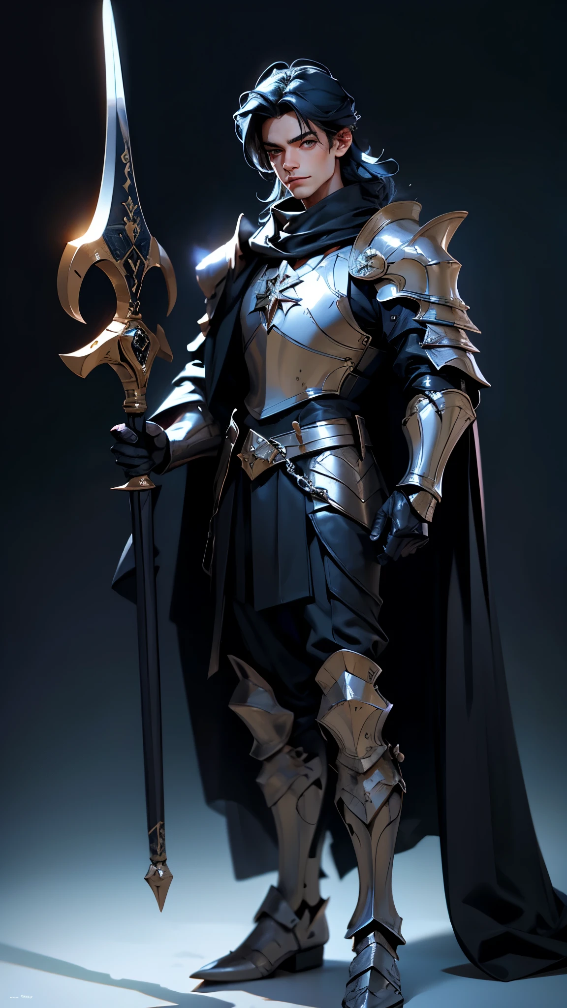 envision a 8k, highres, cinematic, detailed, semi realistic full body view pinup of a sharp man, with a slender face, big eyes, a tall skinny body, and long blue hair, chainmail, black robes, brown eyes, black gauntlets, shoulder cape, noble, knight armor, ice, bright magic, sprites, star power, boots, sharp eyes, with a cocky pose, smile, (((1boy))), in dark lighting, against a dark background