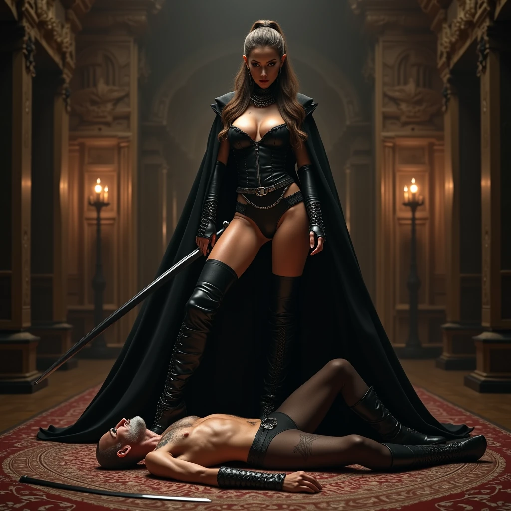 Realistic, A very beautiful executioner superheroine girl knife, slaughter throat A boy prisoner blindfold neck bloody splashed, full body, wide open throat, throat contents