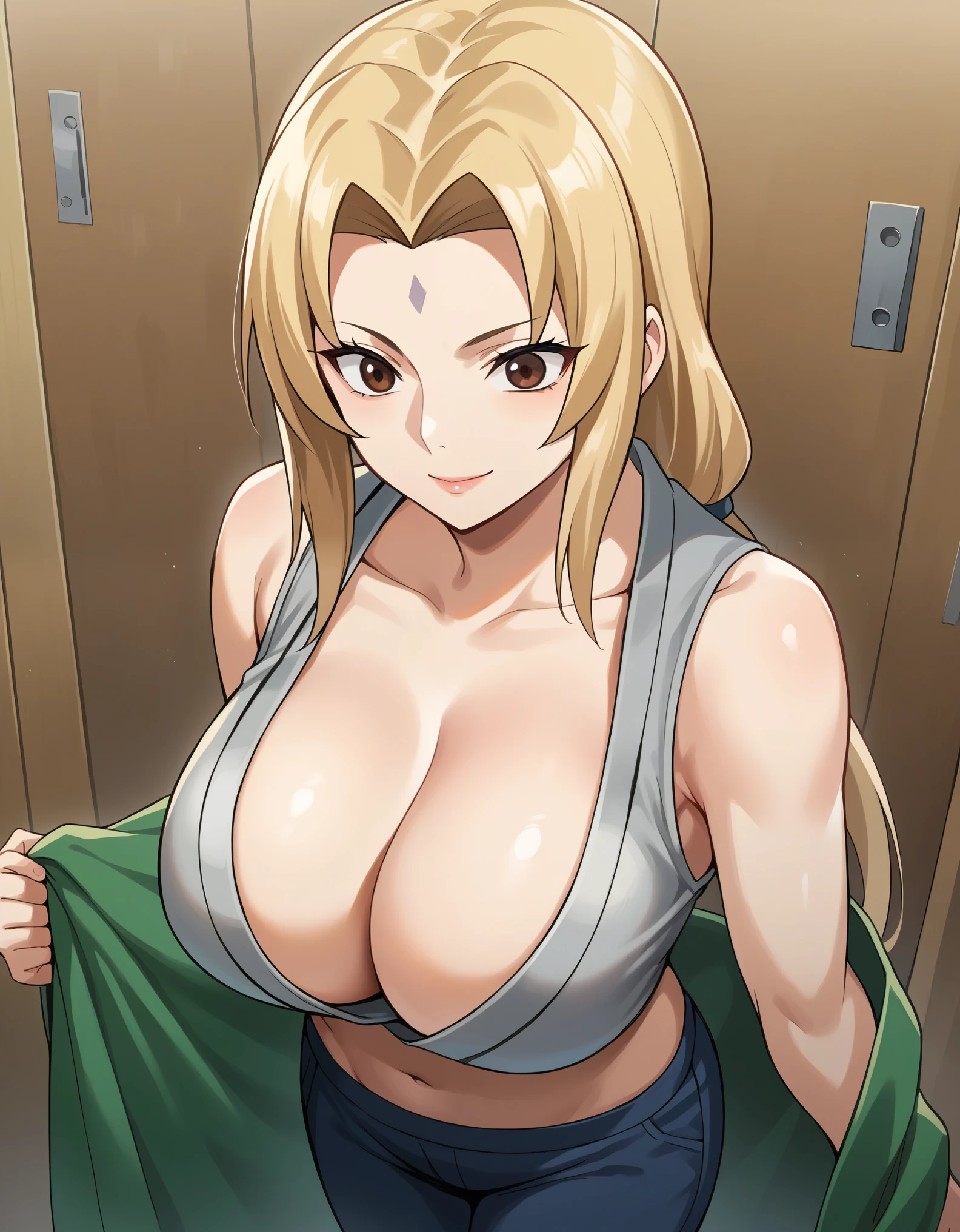 score_9, score_8_up, score_7_up, source_anime, best quality, clear face, 1girl, solo, Tsunade, blonde hair, long hair, brown eyes, large breasts, cleavage, looking away, smile, standing, cowboy shot, gray kimono, shoulder, navy blue pants, sleeveless, dressing room, from above, open kimono, navel