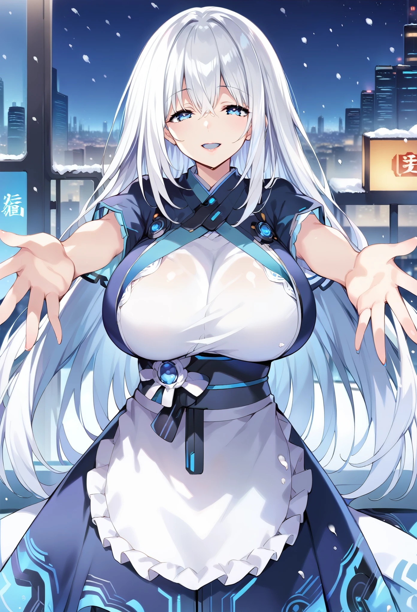 score_9, score_8_up, score_7_up, source_anime, masterpiece, best quality, extremely detailed, 1girl, milf, solo, (huge breasts:1.1), ((((white hair), very long hair, bangs, hair between eyes, blue eyes, half-closed eyes))), blue lips, (((kimono, white apron, frilled apron))), ((light smile), open mouth), ((motherly, beckoning, outstretched arms, futuristic cityscape, winter, snowing))