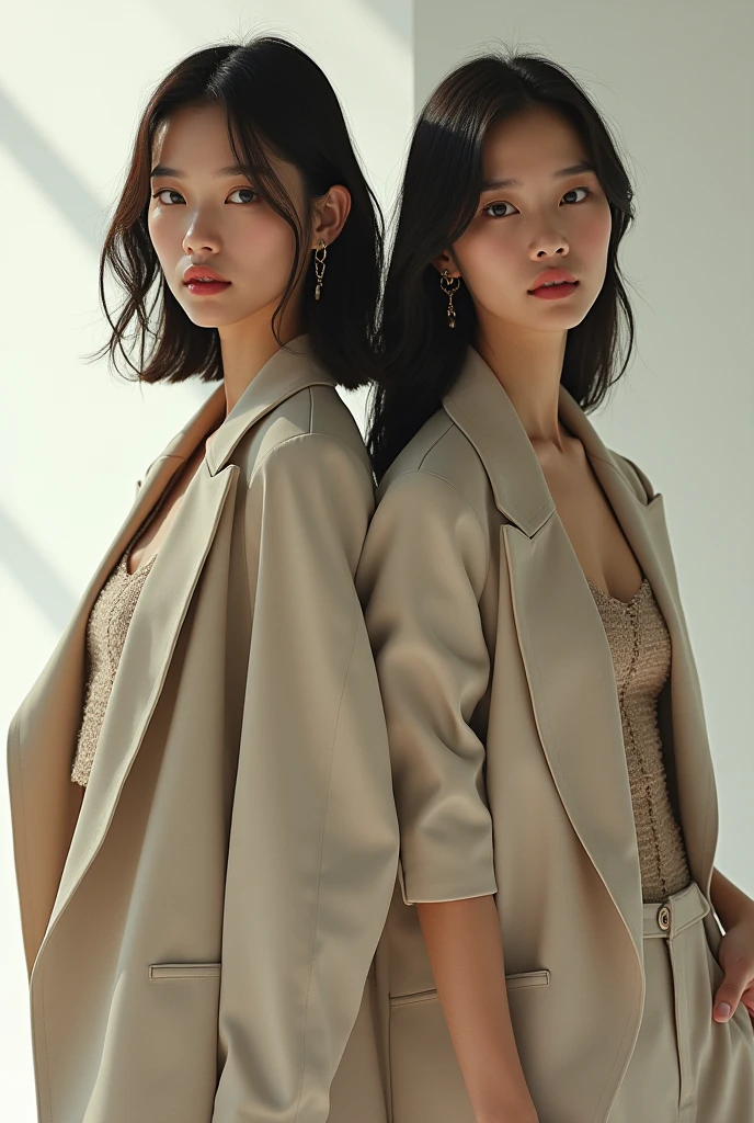 photo of 3 charming woman, ((big breasts)), loose and oversized black jacket, white lace cami, (beige chiffon trousers,:1), (Kpop idol), (aegyo sal:1), (light brown short ponytail: 1.2), ((puffy eyes)), looking at the audience, no bra, no panties, street smile, cute, full body, street, outdoor, best quality, super high resolution, (realism: 1.4),16k uhd, dslr, soft lighting, high quality, film grain, Fujifilm XT3,