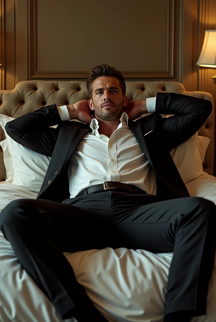 elegant young man laying on floor fainted unconscious , young man, Wearing a suit with the crotch showing his cock draped upwards., Realistic picture, Dark hair, no beard