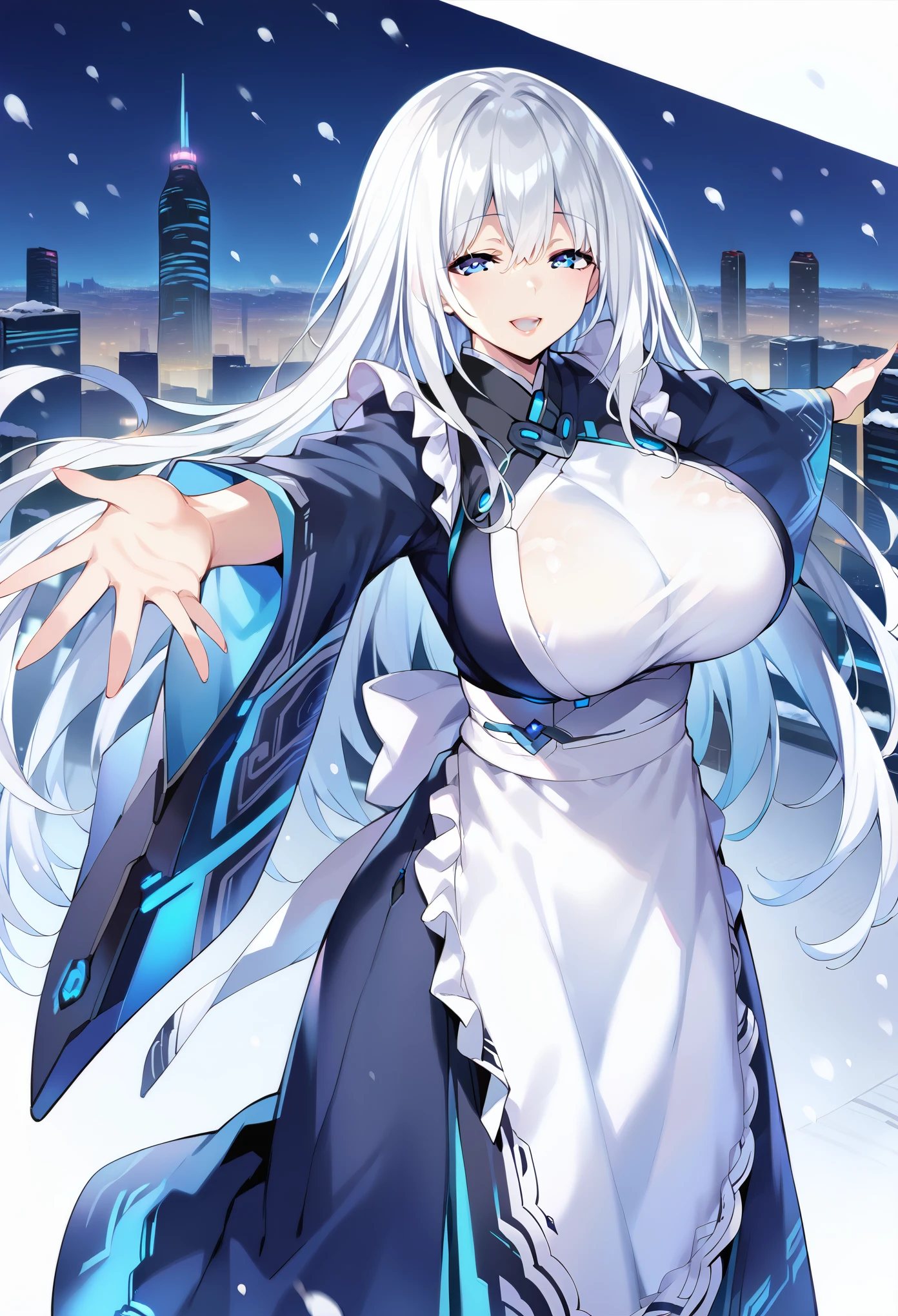 score_9, score_8_up, score_7_up, source_anime, masterpiece, best quality, extremely detailed, 1girl, milf, solo, (huge breasts:1.1), ((((white hair), very long hair, bangs, hair between eyes, blue eyes, half-closed eyes))), blue lips, (((kimono, white apron, frilled apron))), ((light smile), open mouth), ((motherly, beckoning, outstretched arms, futuristic cityscape, winter, snowing))