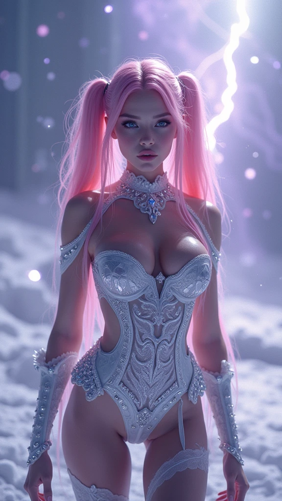 ((top quality, 16k, masterpiece: 1.3)), photorealistic, Extremely detailed CG unity 8k wallpaper, depth of field, cinematic light, Lens flare, Fashion model 2, (extremely beautiful face, Beautiful lips, pretty eyes), (face with intricate details), ((ultra detailed skin)), I see Ultra Instinct surrounded by a purple aura and lightning. (((full body shot))), 4k, 3D, Drawing moving ice flames, [[chest]], neck, [[lace bodysuit with laces]], [back], (looking at the viewer:1.3), todos los pies y chests calzados con una armadura de cristal plateado, and crystals (corset), long asymmetric twintails ((pink hair)), 1 girl (medium bust:1.8), (narrow waist, slanderous legs), perfect proportions, perky , (dazzling ice eyes:1.6), The drawn enchanted fantasy land is frozen., con trozos de hielo voladores flotando en el aire and crystals de energía brights. This environment in the fog and the magical vortex of thousands of ambient light elements, light reflections, including the environment (hielo and crystals) shining in the air. The girl's armor is made of silver crystal., (Oli makes: 1.3), (Snowflakes:1.8), ray tracing, (shine:1.8), HD, (bright:1.5), (light reflections:1.3), (crunchy:1.7), fujicolor, cinematic lighting