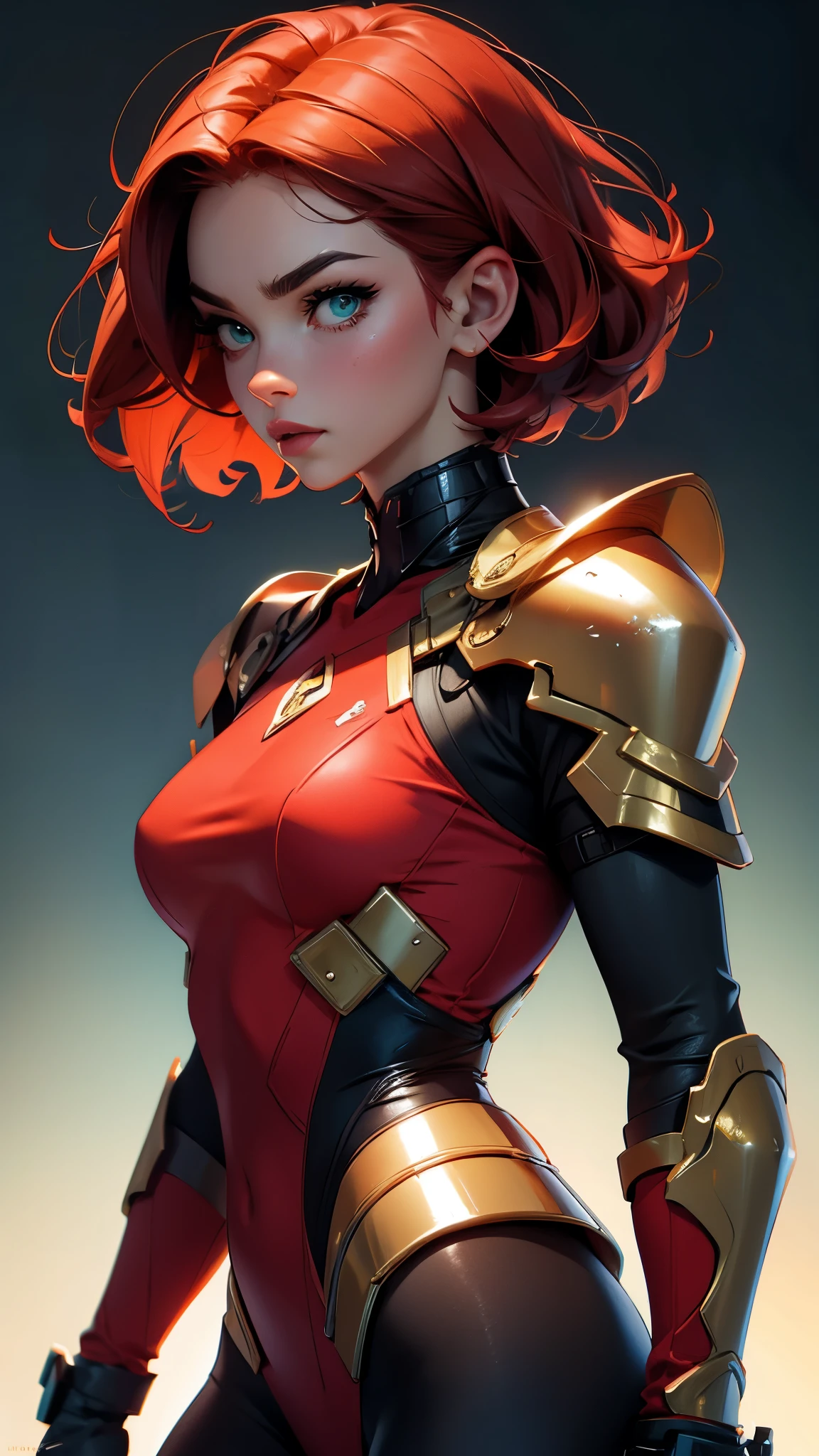 envision a 8k, highres, cinematic, beautiful extreme close up face Pinup of a sexy lady with a muscular body,  strong face, strong jaw, skinny face, strong mature older face, (((short red hair))), side locks, long bangs, green eyes, Leotard superhero suit, shoulder armor, red and gold gloves,, ((((1girl)))), in dark lighting, against a dark gray background