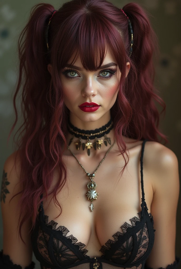 Create a hyper detailed photograph of a  tattooed muscular young sexy female deathknight, Stunningly perfect gorgeous feminine face, perfect makeup, detailed vibrant eyes, long hair, big beautiful muscular legs, big beautiful muscular arms, perfect body, muscular abs, detailed silky smooth skin, large voluptuous curved breasts, realistic nipples, perfect round ass, 5'2" 125 pounds, 36 H breasts, 26" waist, 34" hips, sexy strappy thong, topless, exposed breasts,( small areolas 1.0) 
