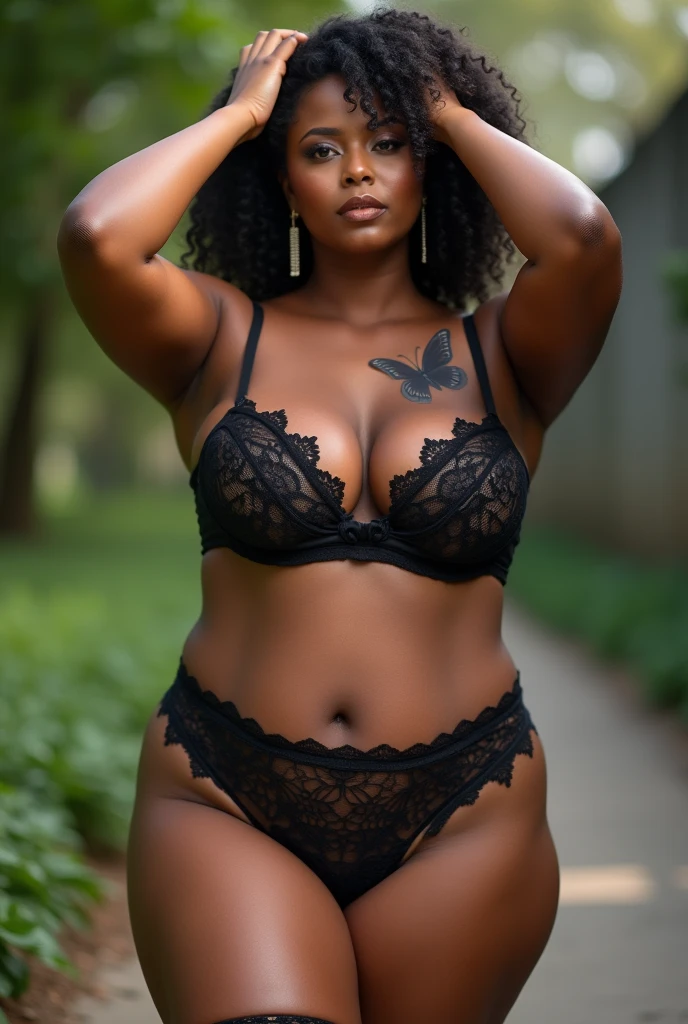 Beautiful Black woman wearing sexy lingerie, And pencil skirts, A beautiful Black woman with a black afro cornrow hairstyle, dense forest, photoRealistic, masterpiece, high quality, Realistic, detailed, Dramatic lighting, cinematic, Complex details, clair obscur, Fashion Edit, Editorial Portrait, Impressive pose, Confident expression