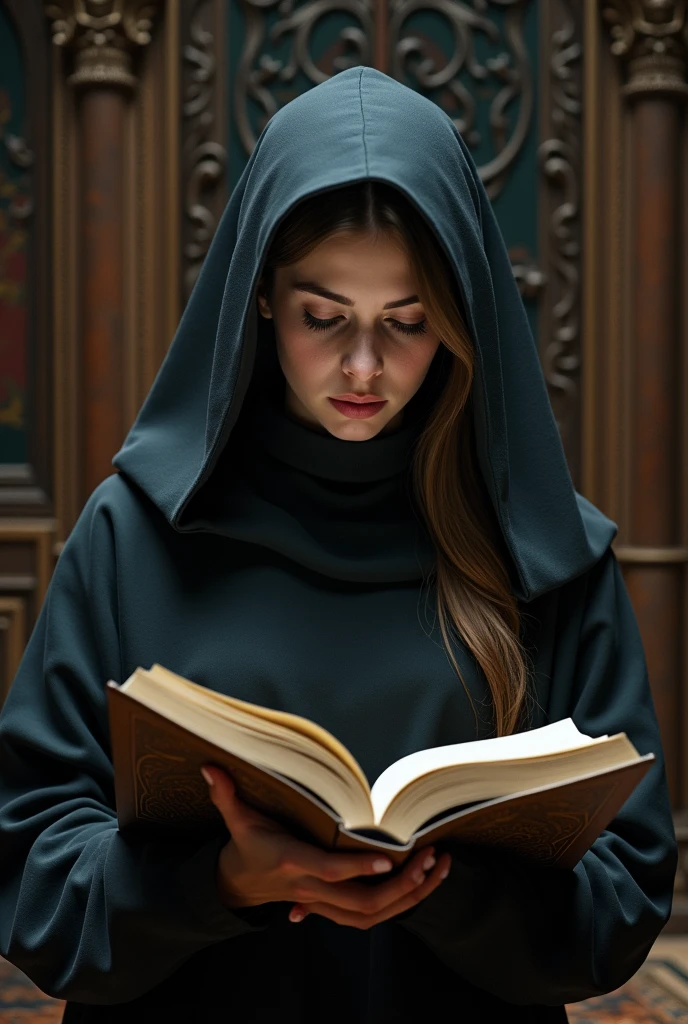 Beautiful nun in tight clothing that reveals her nipples; sitting in the outer atrium of a medieval convent reading a religious book; a lock of her hair hangs on her forehead; her expression is one of meditation and surprise; attractive woman with a divine aura