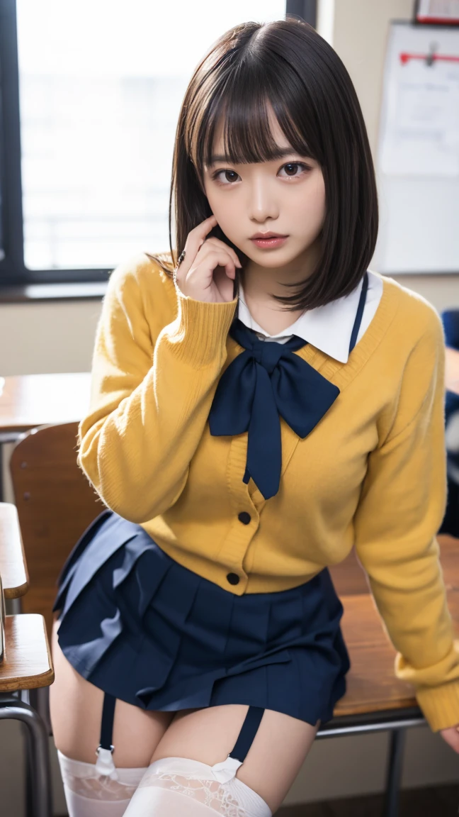 Fascinating anime, [ 4K Digital Art ]!!,Hyperrealistic painting, Art with attention to detail, 8K high quality, detailed art,Curvy Tanned Gal,(puppet,Thick lips:1.2),Dress shirt,cardigan,,Side details,Pleated skirt,Brown Loafers,Blonde Short Hair,(Dark Skip:1.3),loose socks,Sweaty,close,Squatting on a desk,In the classroom,(Blushed),、((Spread your legs、Panties in full view))