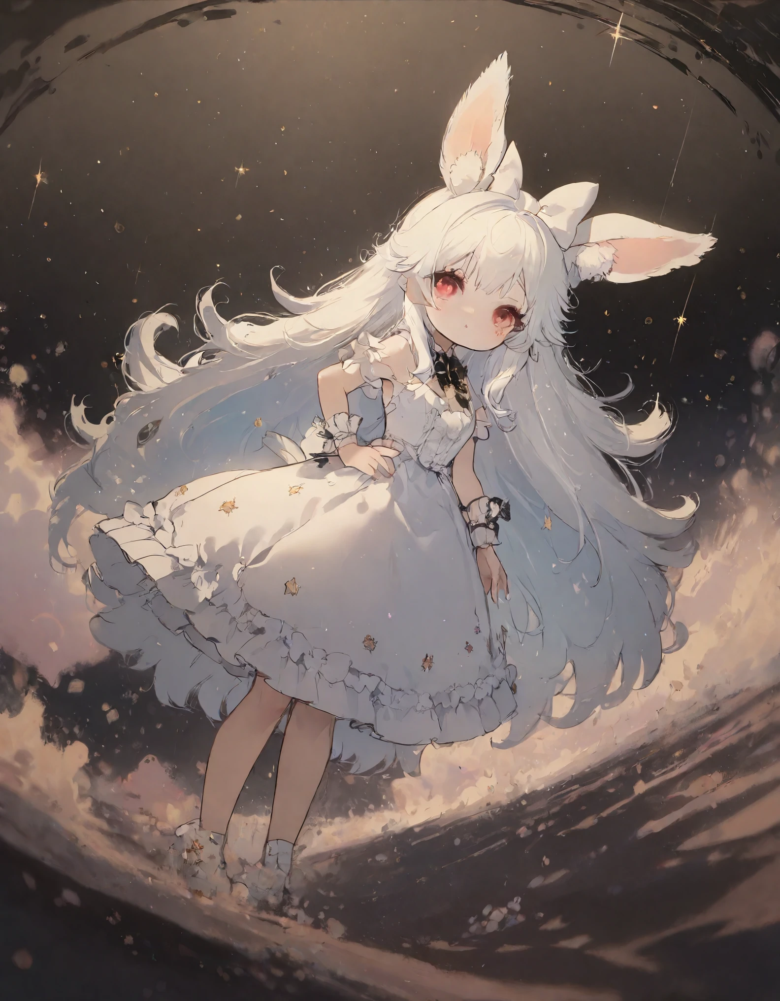 solo,1girl\(human,cute,kawaii,small kid,age of 10,(white hair:1.7),(very long hair:1.7),bangs,(ear\(fluffy white bunny-ear\):1.4),(red eye),big eye,beautiful shiny eye,skin color white,big hairbow,(white frilled dress:1.3),breast,white rabbit tail at hip\),at plaza,at night,many beautiful twinkle stars,colorful nebulas,shooting star,from below,, BREAK ,quality\(8k,wallpaper of extremely detailed CG unit, ​masterpiece, high resolution, top-quality, top-quality real texture skin, hyper realistic, increase the resolution, RAW photos, best quality, highly detailed, the wallpaper, cinematic lighting, ray trace, golden ratio,\),(dynamic angle:1.3)