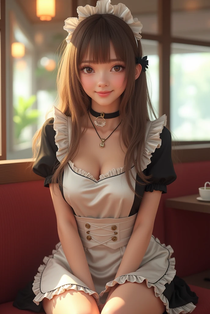 Illustrate a whimsical chocolate-themed girl with flowing chocolate hair, mocha-toned skin, and sparkling truffle-like eyes. She's dressed in a chocolate-wrapper dress with chocolate bar patterns and accessories. She stands in a candy land with chocolate fountains and candy cane trees.