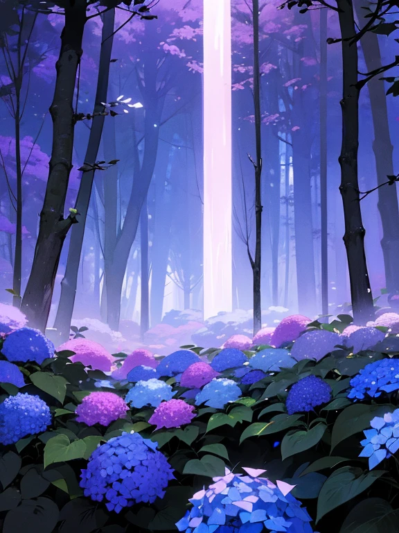 In the heart of a dark, dense forest, clusters of vibrant hydrangeas bloom in shades of deep blue, violet, and soft pink. The forest is shadowy and mysterious, with tall trees looming overhead, their thick canopy blocking most of the sunlight. However, soft beams of light pierce through the gaps in the trees, casting a gentle, ethereal glow on the hydrangeas below. The flowers seem to thrive in this secluded, tranquil corner of the forest, their colors vivid against the somber, dark tones of the surrounding woods. The interplay of light and shadow creates a magical atmosphere, where the beauty of the hydrangeas shines brightly amidst the dark forest.