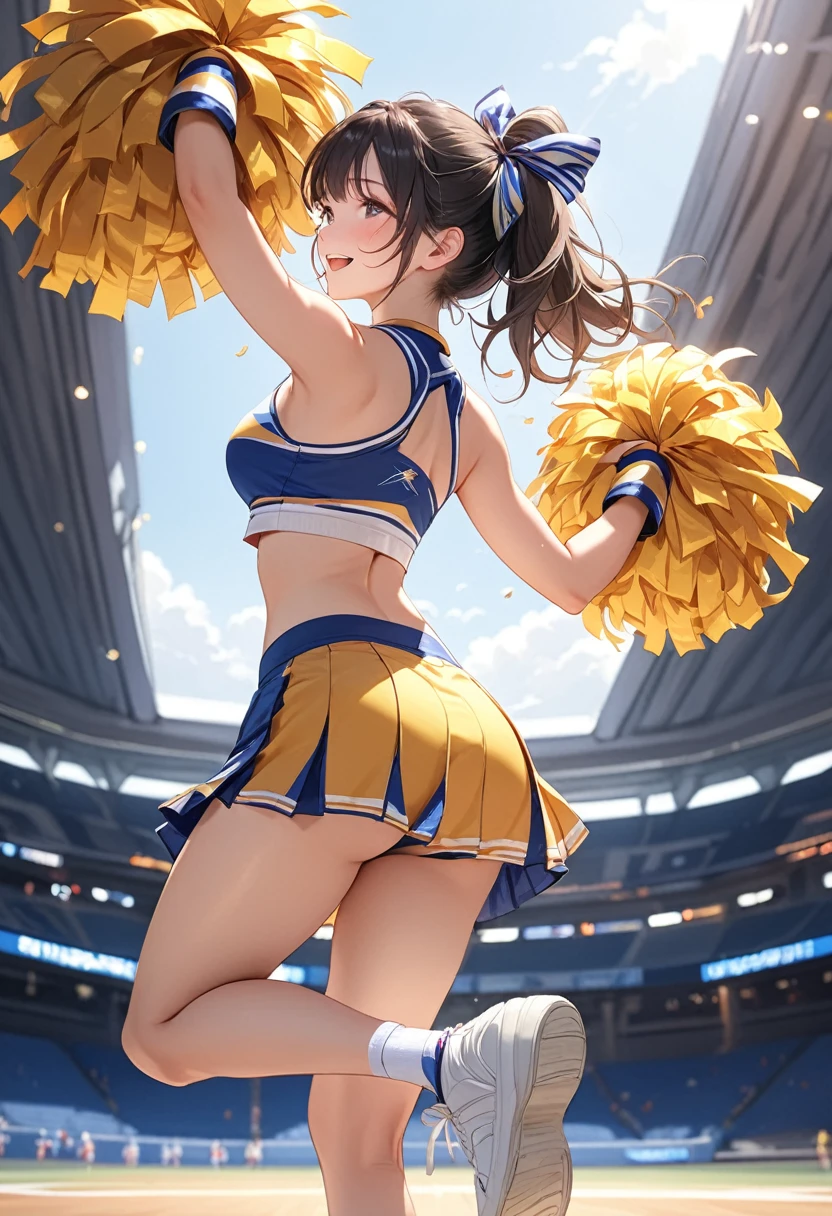 (masterpiece, best quality:1.2), 1girl, full body,from behind,cheerleaders,(pom-pom in both hands:1.3),standing one leg,(raise one leg:1.2),cheer dance