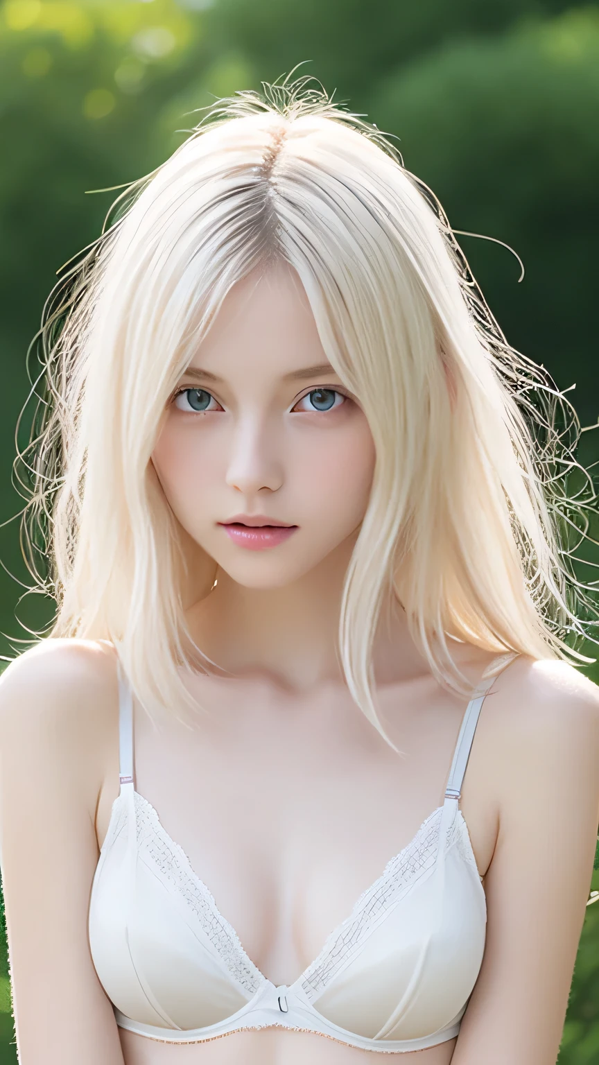 Sexy 17 year old girl with shiny blonde silky hair dazzling、Cute sexy little beautiful face with shiny hair dancing in front of beautiful cute face、long silky bangs covering the eyeeautiful pale light blue big eyes、 Straight silky hair with super long hair that hides the face、Sexy cute young woman、full body nudist、Small face beauty、Pure white and beautiful shiny skin、cowboy shot, full body view.