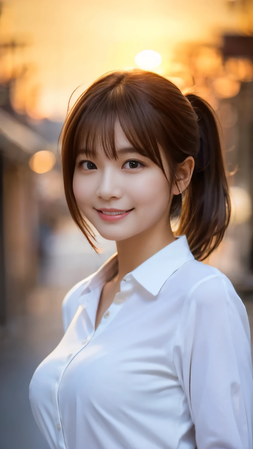 masterpiece, best quality, ultra high res, ultra detailed, sharp focus, 1girl, 独奏, a stunning pretty and beautiful Japanese sexy model, 19yo, looking at viewer:1.3, (bright smile:0.6), wearing a (blouse), dusk, sunset, night, realistic, Slender, (standing:1.1), (looking at the viewer:1.3), sexy gaze, blush, (upper body shot:1.6), messy hair, asymmetrical bangs, light brown hair, messy hair style, ((Pure white camisole、Hands behind head、Light clothing))、((naked:1.5、Nipples are erect:1.2、Large Breasts:1.2、Short Hair:1.5、ponytail:1.5、Hands behind head:1.5、A fitted shirt:1.5、smile:1.2))