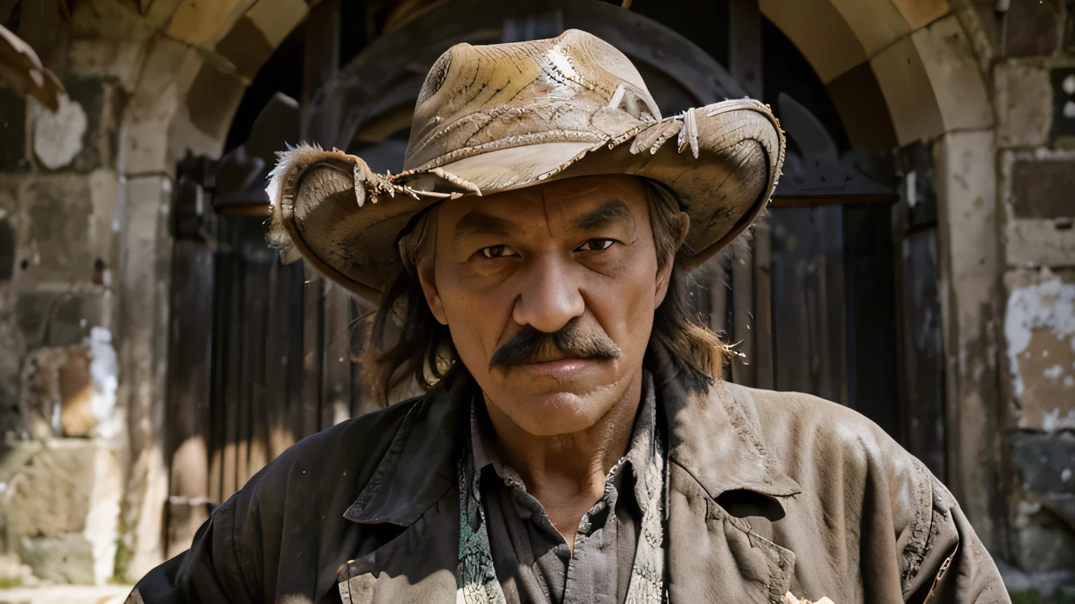 Elderly man with grey mustache. Wearing a cowboy hat. Fighting pose. In front of an old church.