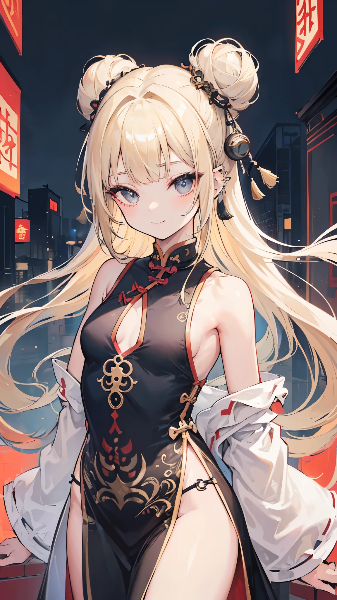 young girl, longue blonde hair, Brown eyes, fox ears and tail, Chinese dress, ssmile, submachine gun, Masterpiece, hiquality