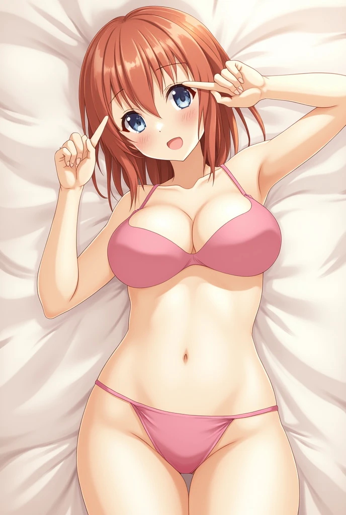 (Highest quality、Masterpiece、Very detailed、4K)、One Woman、17 years old、Pink Hair、short hair、(((Nakano Ichika)))、chest、arm、(Beautiful thighs)、((Beautiful armpits))、Beautiful navel、(((Slingshot Bikini)))、(((slingshot swimsuit)))(nsfw)、((Super embarrassing))、(((Leg spread)))