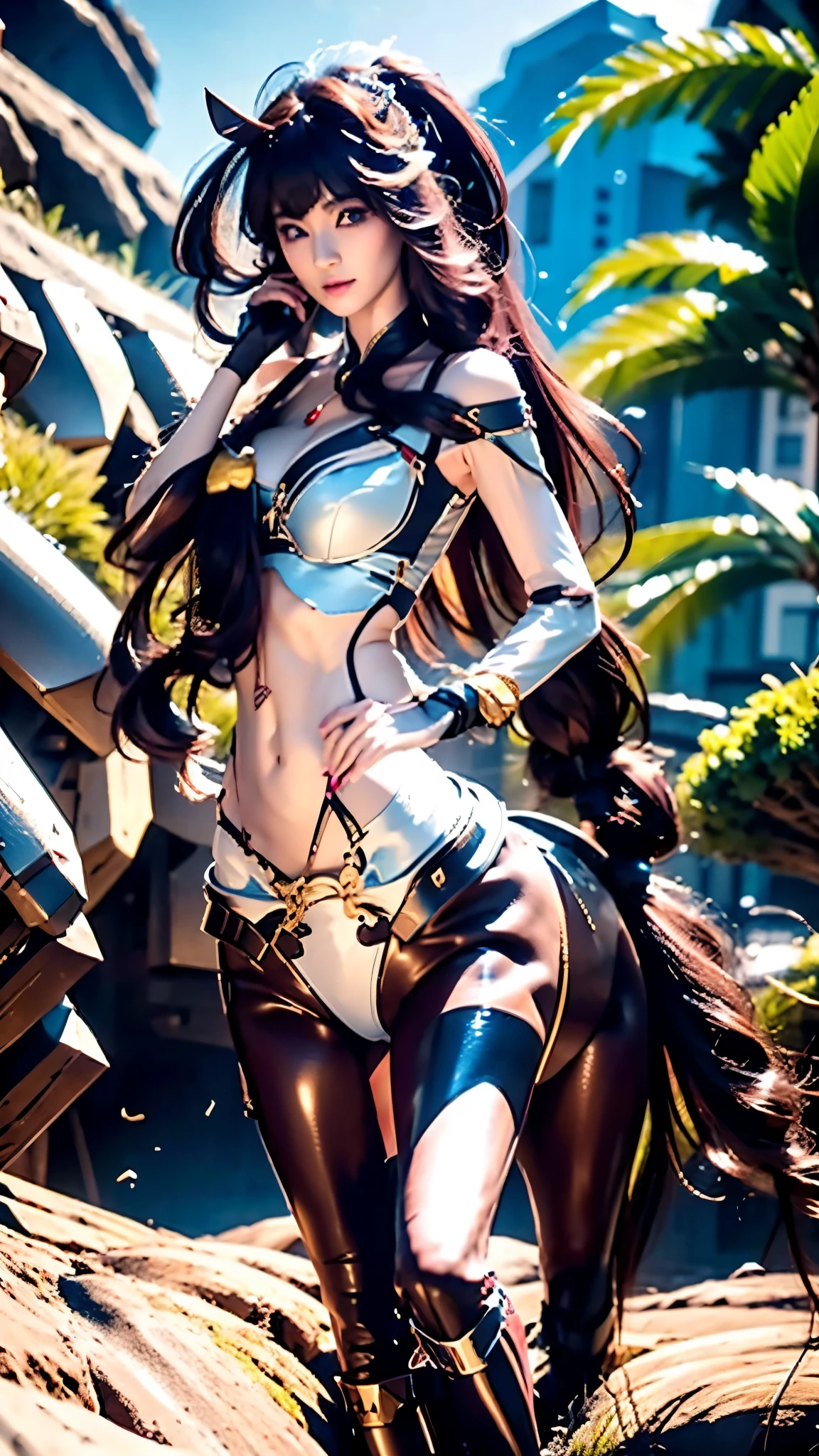 1girl, depth of field, official art, unity 8k wallpaper, ultra detailed, illustration, beautiful and aesthetic, masterpiece, best quality, knight, (big breasts), (milf, mature female), (black armor, armor, breastplate), beautiful face, (long hair, black hair, very straight hair:1.4, hime cut:1.4), blue eyes, cowboy shot, glowing skin, back lighting, athletic figure, muscular female, curvy, wide hips, colorful, looking at viewer, Hyperrealistic, gradient background, dark background, outline, fantasy, from the front, watercolor, traditional media, (chromatic aberration, intricate details)