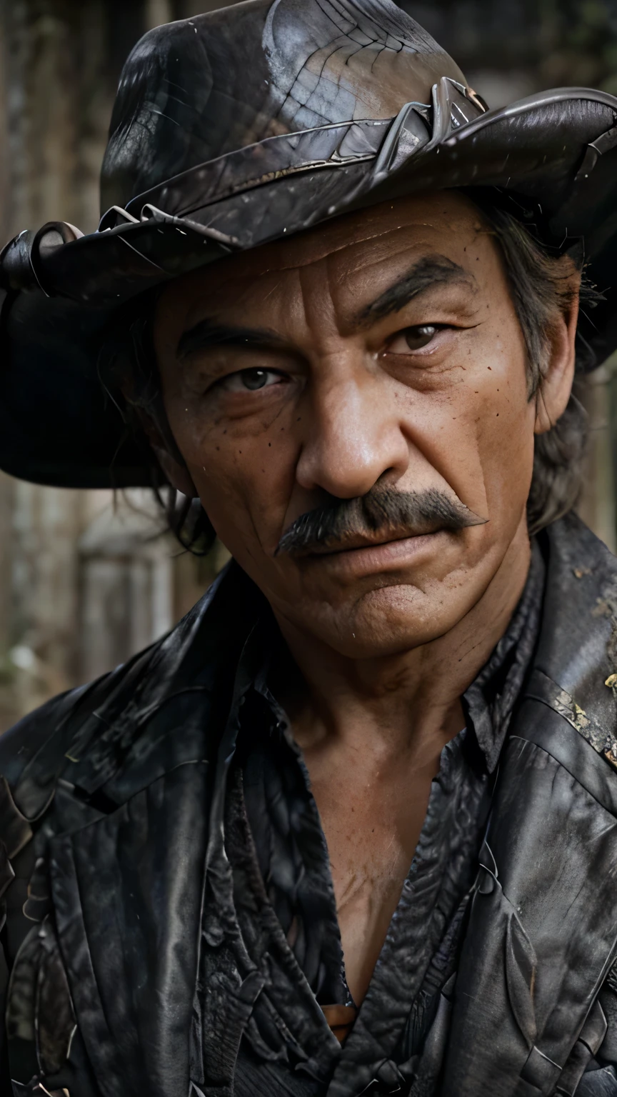 elderly man with grey mustache, wearing cowboy hat, fighting pose, in front of old church, detailed face, extremely detailed wrinkles, detailed hands, detailed clothes, detailed background, highly detailed, 8k, photorealistic, cinematic lighting, dramatic shadows, cinematic composition, epic scale, moody color palette, dramatic chiaroscuro