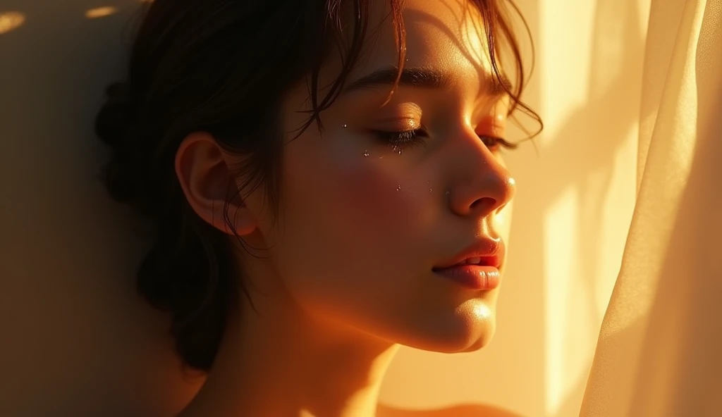 Create an ULTRA REALISTIC image of a person with their eyes closed, with tears flowing softly, but with a slight smile on his face, as if feeling relief and redemption, surrounded by a soft golden light. Convey depth in the delicate emotions on the person's face and in the soft light around them.