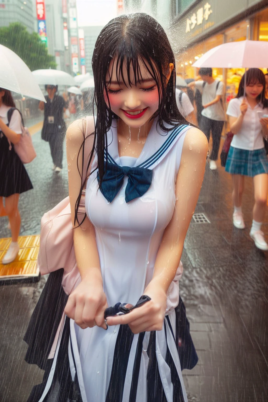 8k, RAW photos, ((Very cute slender À la Fed Asian schoolgirl in a short skirt and bow tie, hugged by a businessman in the back, on a crowded train)), (((Big: 1.1, Saggy breasts: 1.3)))), ((Wearing a white plummeted open shirt: 1.5)), (Low angle shot), (Very detailed skin: 1.2), (Exposure: 1.5), (Exposed breasts: 1.5), (Exposed crotch: 1.5), (Japan uniforms), (Wearing Japan uniforms), (Wearing Japan uniforms), (Surreal schoolgirls), (Dressed as schoolgirls, Surreal schoolgirls), Realistic schoolgirls, Girls in uniform, Schoolgirl poses, Full body, Lovely skin, Glowing skin, Lovely thighs, Glowing thighs, Glowing legs, (Beautiful little face, Beautiful brown eyes, beautiful girl with brown hair, white skin, huge soft breasts and beautiful abs, pubic hair), various poses, ultra-detailed face, detailed eyes, (((no close-up)), (((in a crowded train)), ((she is wet)).