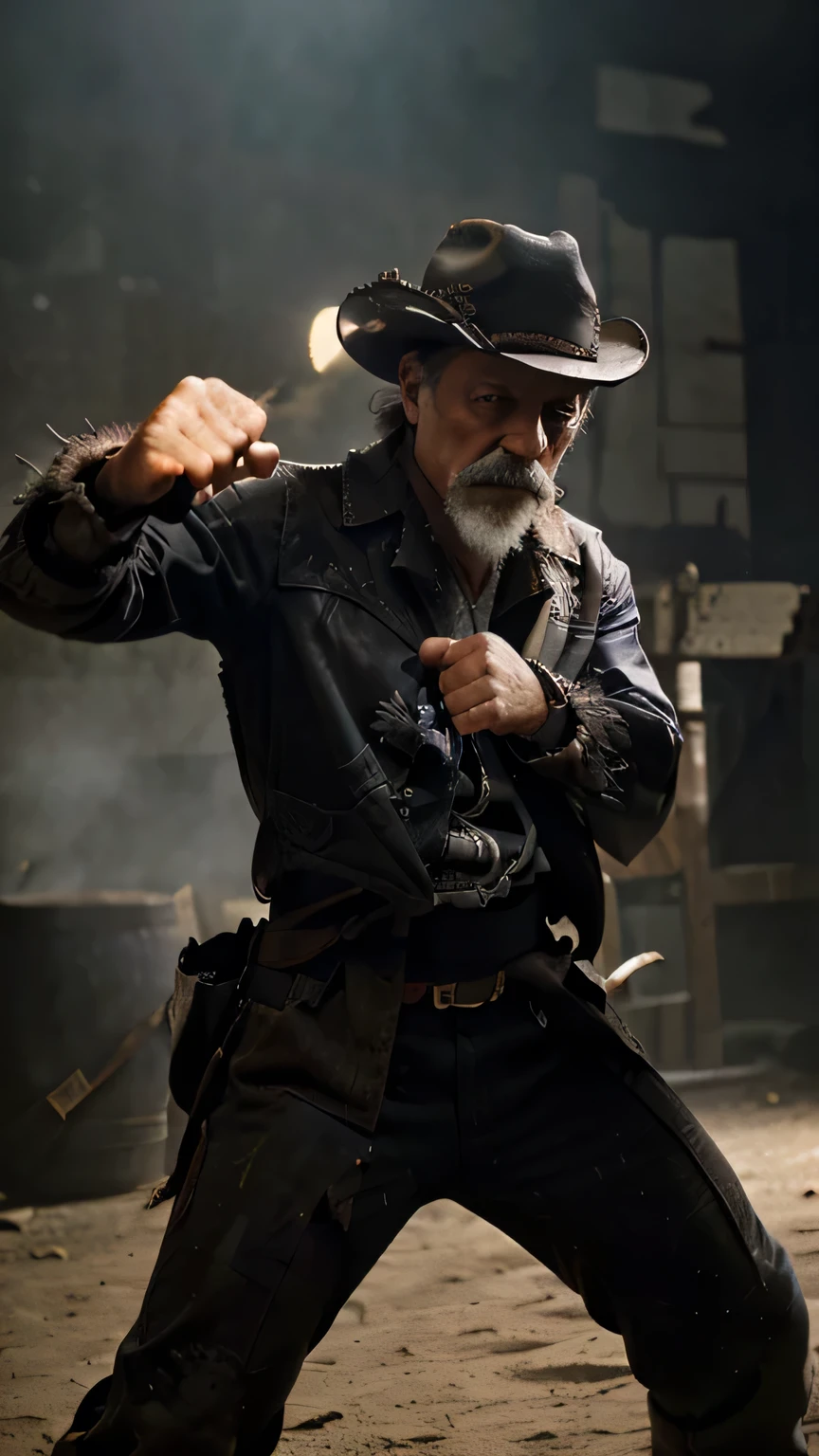 elderly man with gray mustache, cowboy hat, fighting pose, old church, fireballs in fists, highly detailed, cinematic lighting, hyperrealistic, dramatic shadows, volumetric fog, intricate textures, vibrant colors, 8k, masterpiece, photorealistic