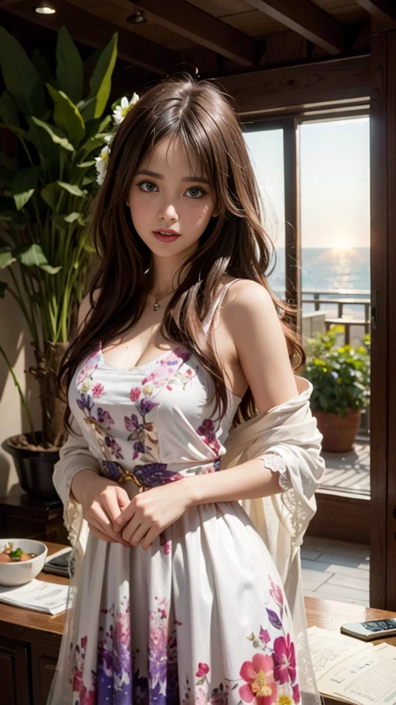 High resolution、Japanese Girl、beautiful、Beauty、cute、Big eyes、Brown long hair、The breasts are very large、Bold camisole dress、flowers in background