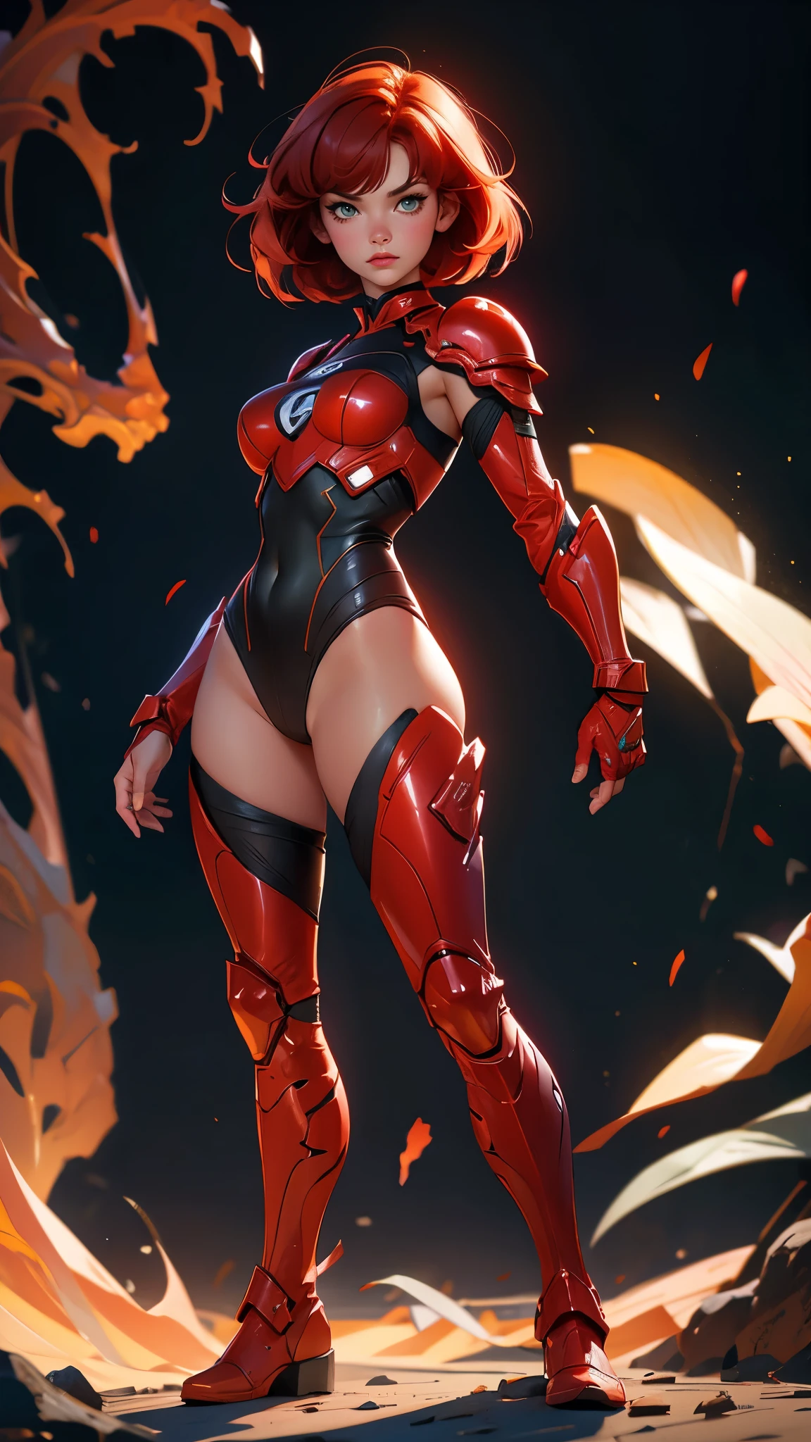 envision a 8k, highres, cinematic, beautiful full body Pinup of a sexy lady with a muscular body, strong face, strong jaw, skinny face, strong mature older face, (((short red hair))), side locks, long bangs, green eyes, Leotard superhero suit, shoulder armor, red and gold gloves,boots, ((((1girl)))), in dark lighting, against a dark gray background