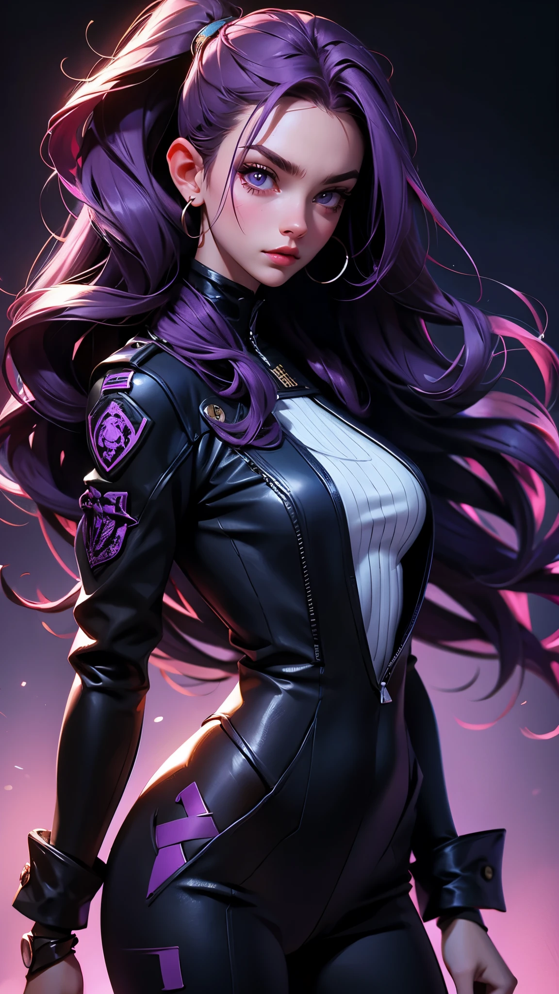 envision a 8k, highres, cinematic, beautiful extreme close up face Pinup of a sexy lady with a muscular body,  strong face, strong jaw, skinny face, strong mature older face, (((long purple hair))), side locks, long bangs, purple eyes, black formal Military uniform, ((((1girl)))), in dark lighting, against a dark gray background