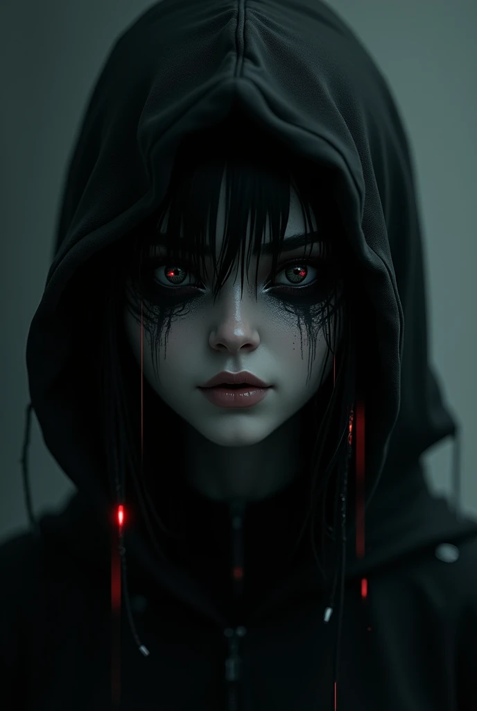 black hooded top, black mask, black and red skirt),(female), dark style, dark background, dystopian atmosphere, dark and mysterious scene, low lighting, vivid and realistic texture.