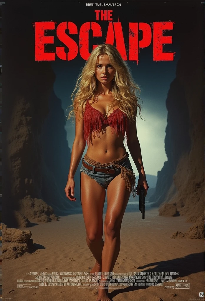Beach of the Dead - original motion picture soundtrack, horror film, A beautiful woman in a bikini swimsuit stands in a full-body pose in the center, In the background is a spooky deserted island beach with a sexy female companion holding a gun、Spooky atmosphere、soundtrack jacket、Digitally Remastered, Kinematics」, John Maggs, Roy Dargano, Movie Posters, Album cover, 1 9 7 0 sMovie Posters, Oil painting