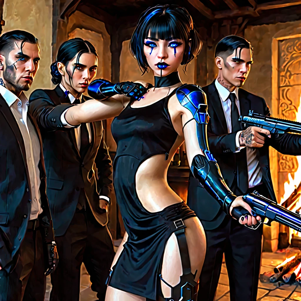 Realistic oil painting, beautiful Russian woman with porcelain skin, with raven black hair tied back and sapphire blue eyes, wearing an elegant and tight black dress, she is surrounded by four men in black suits who are pointing guns at her, she holds a gun with which she points at one of the four men defending themselves, they are near the fireplace inside a castle