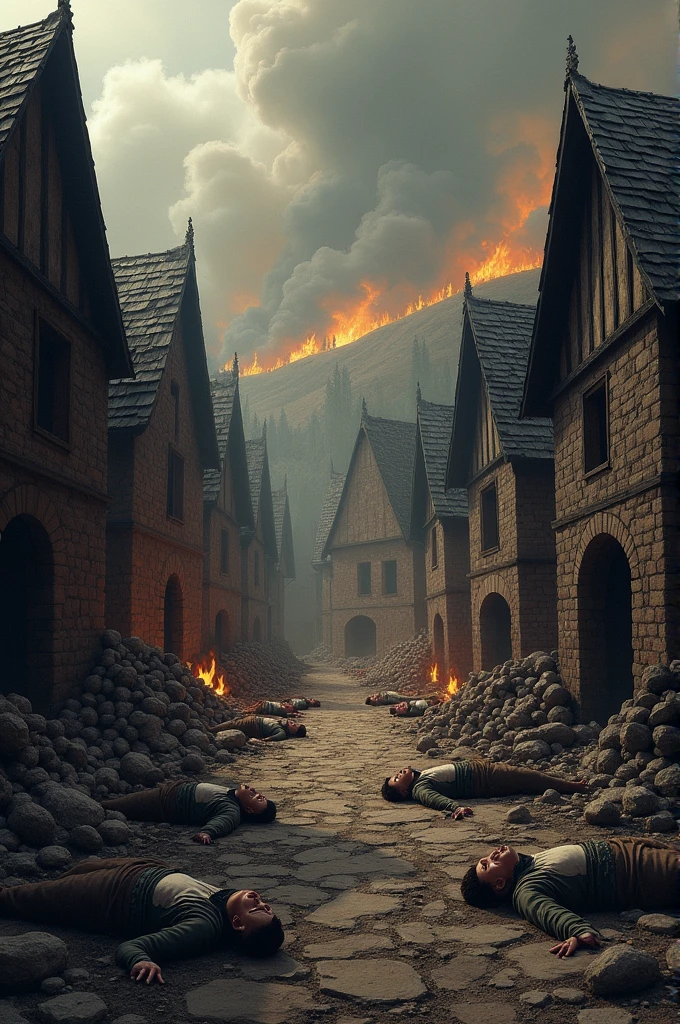 Background houses black plague and people lying on the floor with rats walking through the houses and bodies being burned in a corner