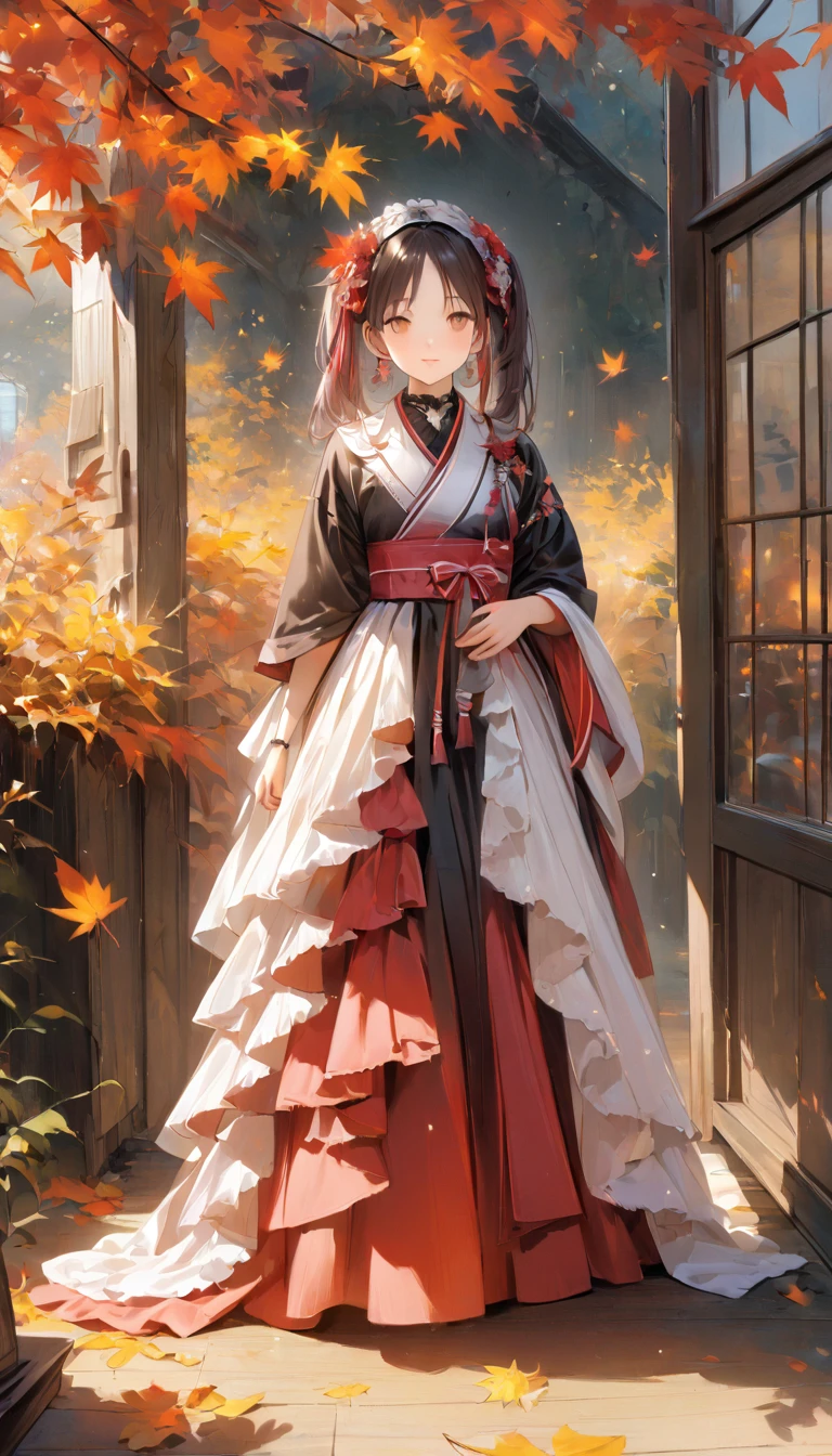 In the middle of the night, exposed for a long time, Vivid_Purple red, Full Body Shot, Kittens、Ultra-realistic photos, Romantic atmosphere, Japanese, Earrings,Cute Costumes, Background Photos, woman, Super detailed, masterpiece, 8k、Colorful autumn leaves