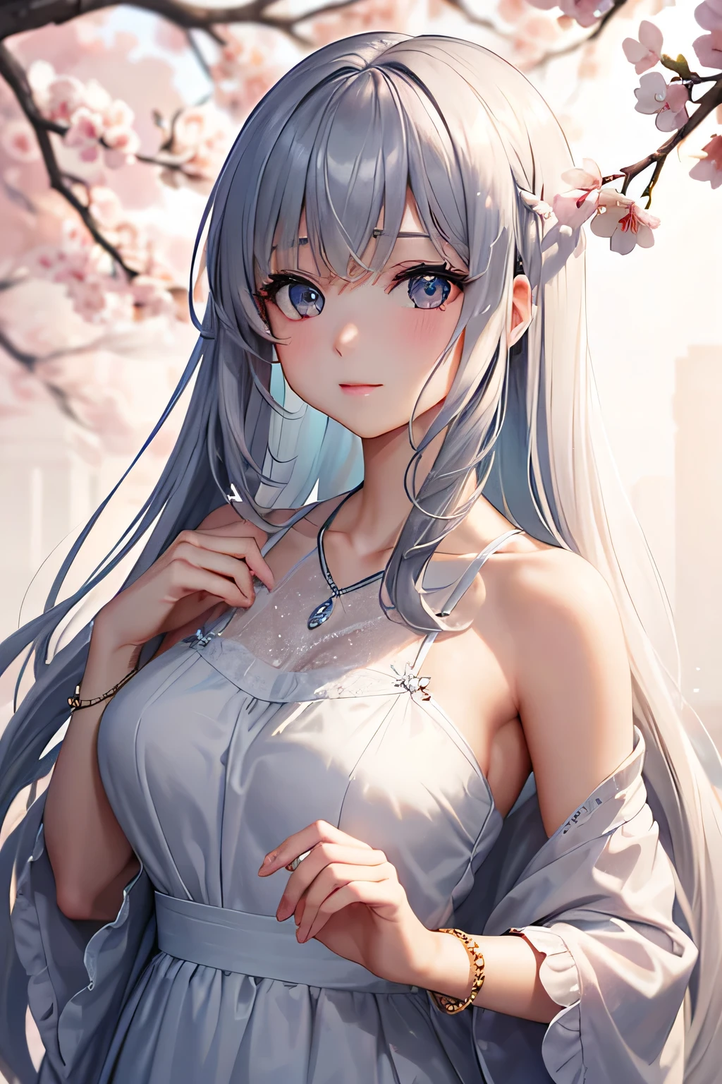 🎨Model: Kizuki - Anime / Hentai Checkpoint
🌸Prompts: (masterpiece, high resolution, realistic portrait:1.3), an anime woman with an ethereal presence, portraying a serene sisterly figure, (long silver-white hair:1.2), cascading down her back, (light pink lips:1.1), gentle and calm, bangs elegantly framing her face, (gray pupils:1.4), radiating a sense of wisdom, standing in a cold wind, (realistic portrayal:1.1), delicate petals dancing in the air, (flower background:1.2), adding a touch of beauty and fragility, (calm and rational expression:1.1), portraying her composed nature, (delicate and serene face:1.2), capturing her tranquility, mid-shot focusing on her delicate features, (subtle wind-blown strands of hair:1.1), (background music:1.2), evoking a sense of calmness and introspection.