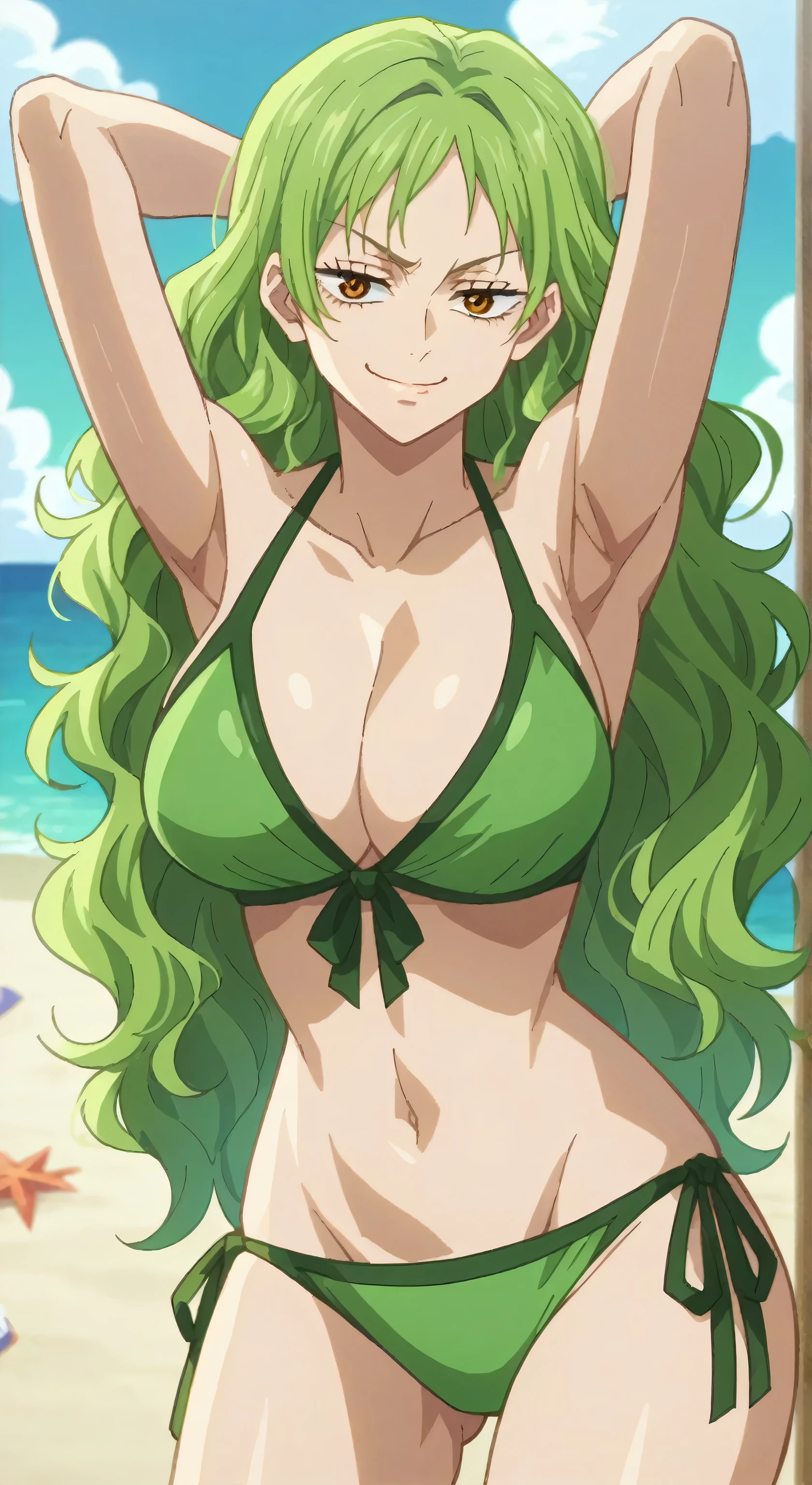 score_9, score_8_up, score_7_up, source_anime, anime screencap, 1girl, solo, outdoors , beach, day, Monet, green hair, wavy hair, amber eyes, bikini, green bikini, side tie bikini, cleavage, collarbone, bare shoulders, bare arms, looking at viewer, eye contact with viewer, facing viewer, smile, smug, closed mouth, arms up, raised arms, armpits, jujutsu_kaisen_style, midriff, thighs, bellybutton 