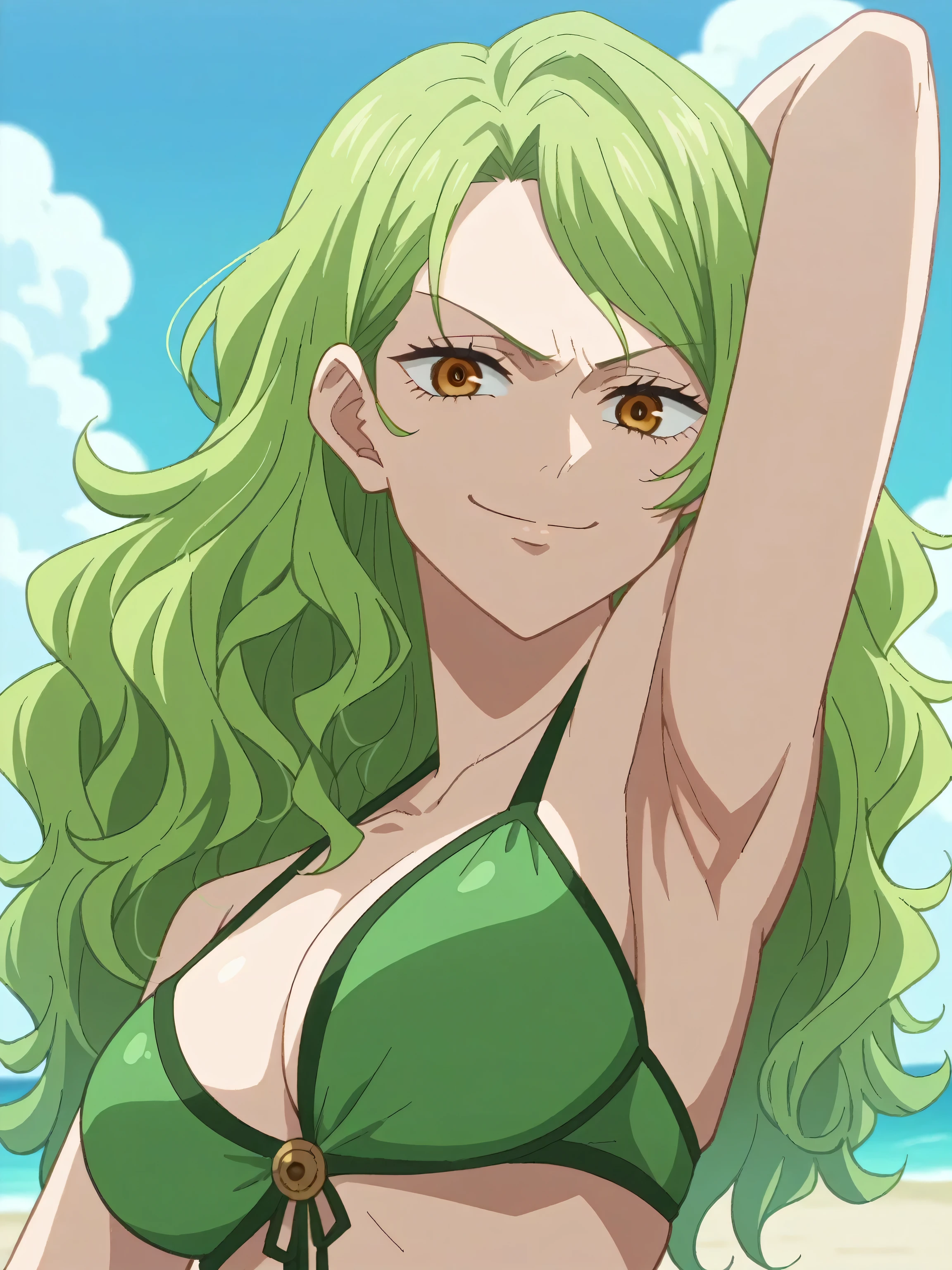 score_9, score_8_up, score_7_up, source_anime, anime screencap, 1girl, solo, outdoors, beach, day, Monet, green hair, long hair, wavy hair, amber eyes, bikini, green bikini, cleavage, collarbone, bare shoulders, bare arms, looking at viewer, eye contact with viewer, head towards viewer, smile, smug, closed mouth, arm behind head, armpit, from side, from below, jujutsu_kaisen_style,