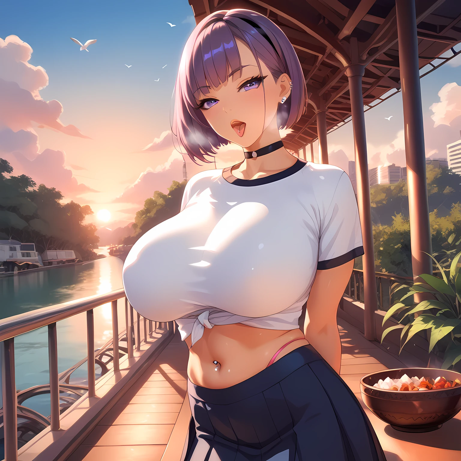 (Nsfw), 1 female, really short, tanned, round face, ear piercings, front view, pov angle, plump lips, large open mouth, tongue out, perverse face, round face, detailed face, short purple hair, bowl cut, bangs, big purple eyes, full lidded eyes, puckered lips, toned midriff, hands behind back, breath mist, navel piercing, red head band, pink g-string, white turtle neck, clothes stretch, realistic fabric, black choker, short blue skirt, skin tight clothing, extremely flushed face, massive breasts, slim waist, cinematic lighting, volumetric lighting, sunset, leaves falling in background, birds in sky, detailed city background, on a bridge, warm hues,train tracks in background, plants