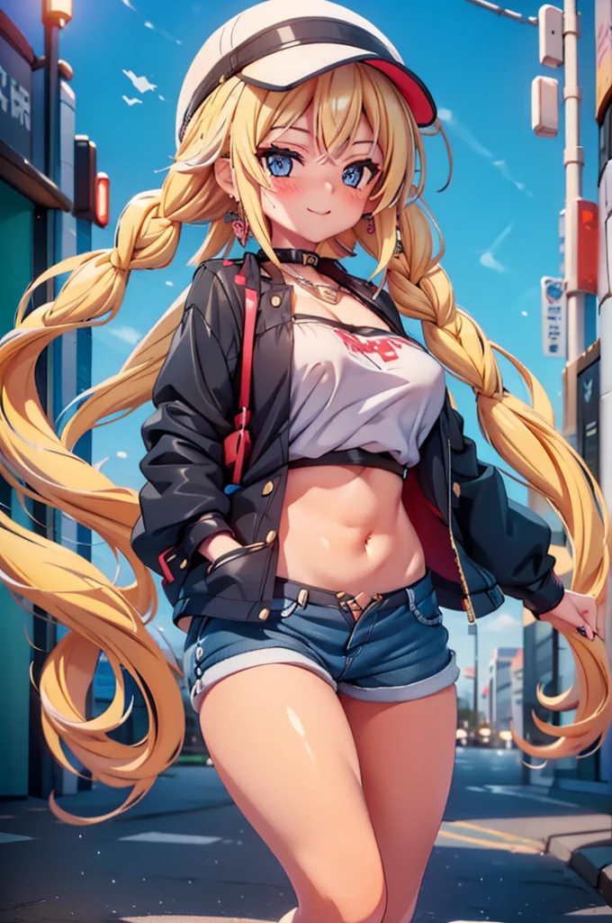 Original Character, Volumetric Lighting, Best Shadows, Shallow Depth of Field, Portrait Of Stunningly Beautiful Girl, , Delicate Beautiful Attractive Face With Alluring Yellow Eyes, Messy Painted Face, Sharp Eyebrows, Broadly Smiling, Open Mouth, Fangs Out, Lovely Medium Breasts, Layered Long Twintail Blond Hair, Blush Eyeshadow, Thick Eyelashes, Applejack Hat, Oversized Pop Jacket, Mini Underboob Tee, Open Navel, Slim Waist, Denim Jeans Pants, With Buckle Belt, In The Graffiti Alley, Waste Container, Outside Stairs, Outdoor Unit, Holding Spray Paint Can, Standing, (Highest Quality, Amazing Details:1.25), (Solo:1.3), Brilliant Colorful Paintings