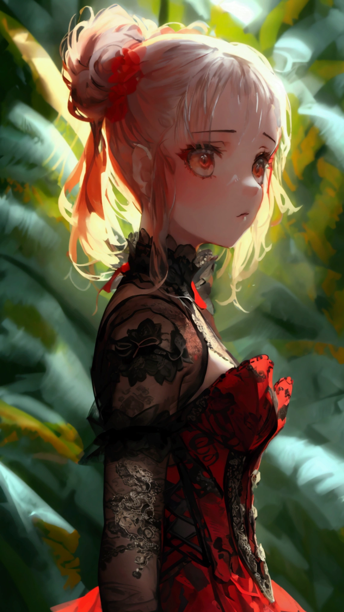  russian child girl, full body, pony tail, cute, petite, lace transparentdark red corset, lace transparent sexy stockung with pattern, sexy pose, masterpiece, best quality, 8k, detailed skin texture, detailed cloth texture, beautiful detailed face, intricate details, ultra detailed, in jungle