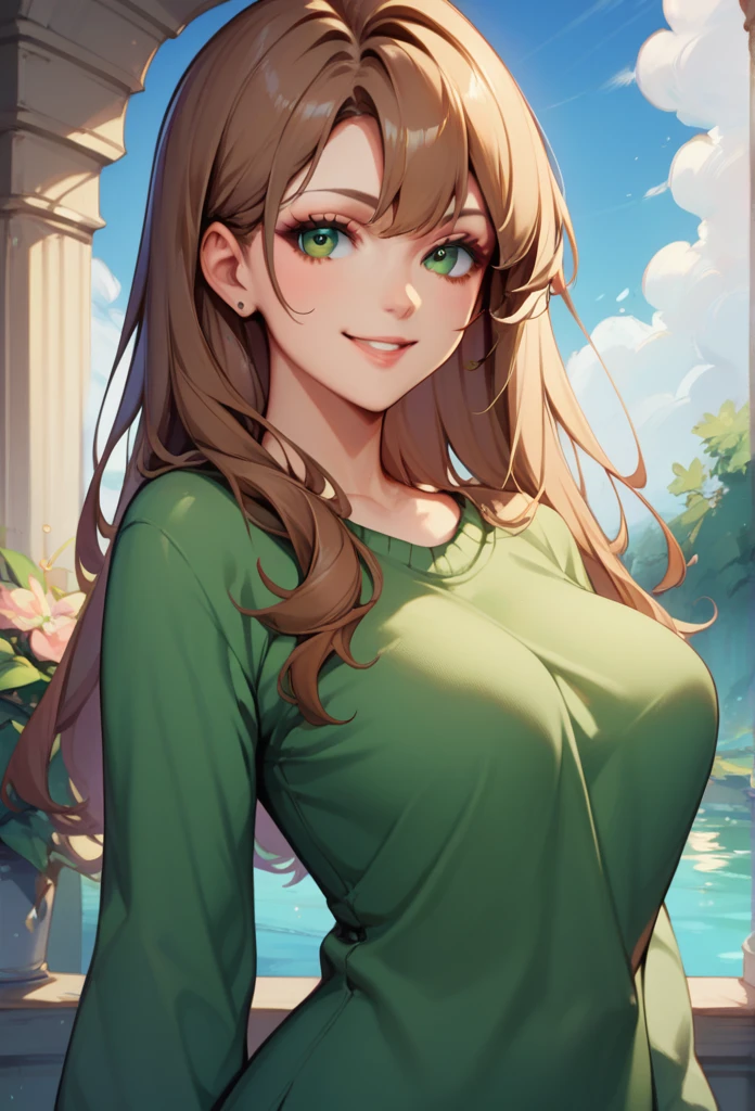 A stunning masterpiece of a high resolution portrait of a beautifully detailed girl with long, Bright brown hair and fascinating green eyes., wearing a comfortable sweater and showing a beautiful smile that accentuates her small but perfectly formed breasts..