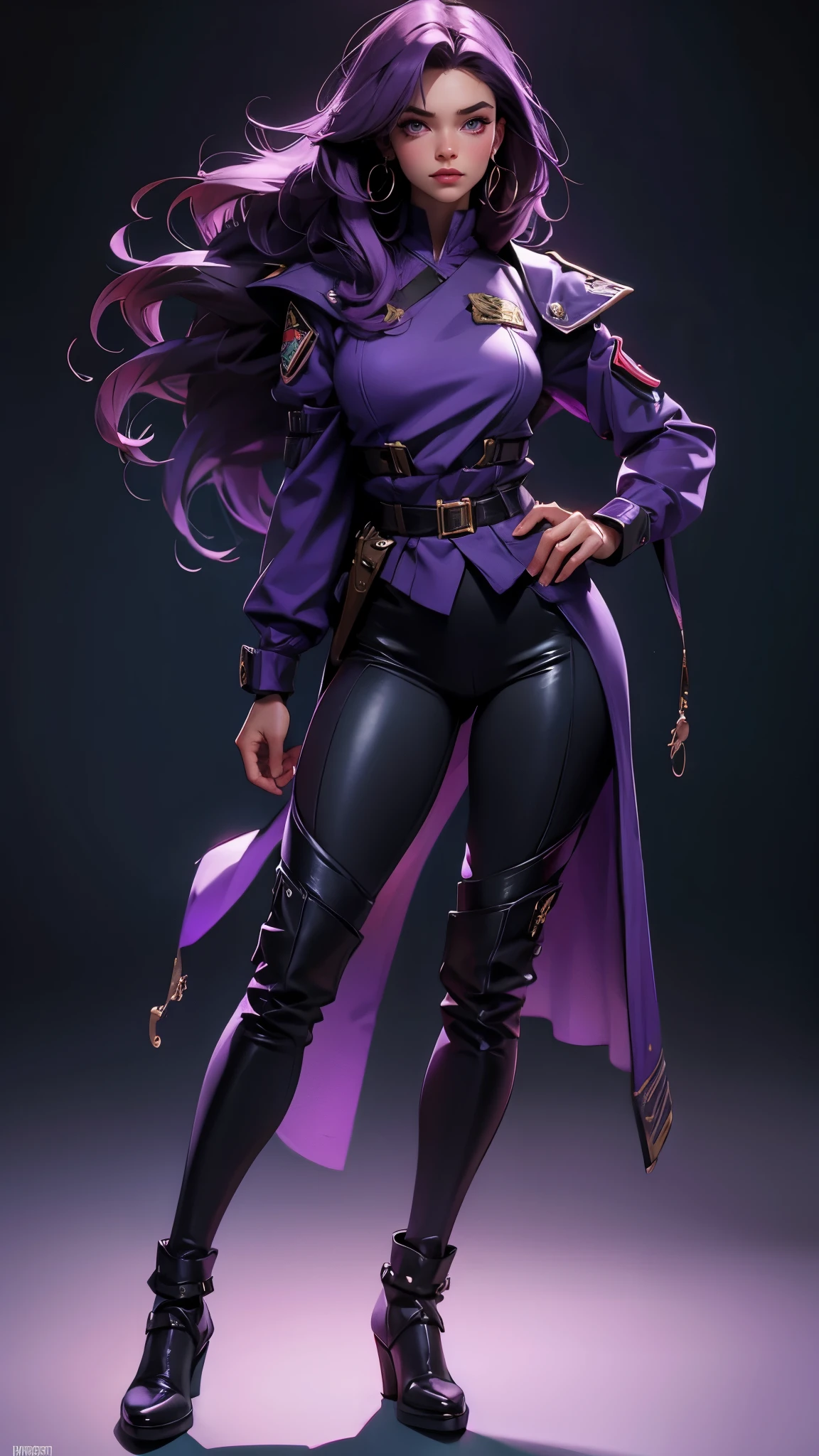 envision a 8k, highres, cinematic, beautiful full body view Pinup of a sexy lady with a slender body, strong face, strong jaw, skinny face, strong mature older face, (((long purple hair))), side locks, long bangs, purple eyes, black formal Military uniform, boots, ((((1girl)))), in dark lighting, against a dark gray background